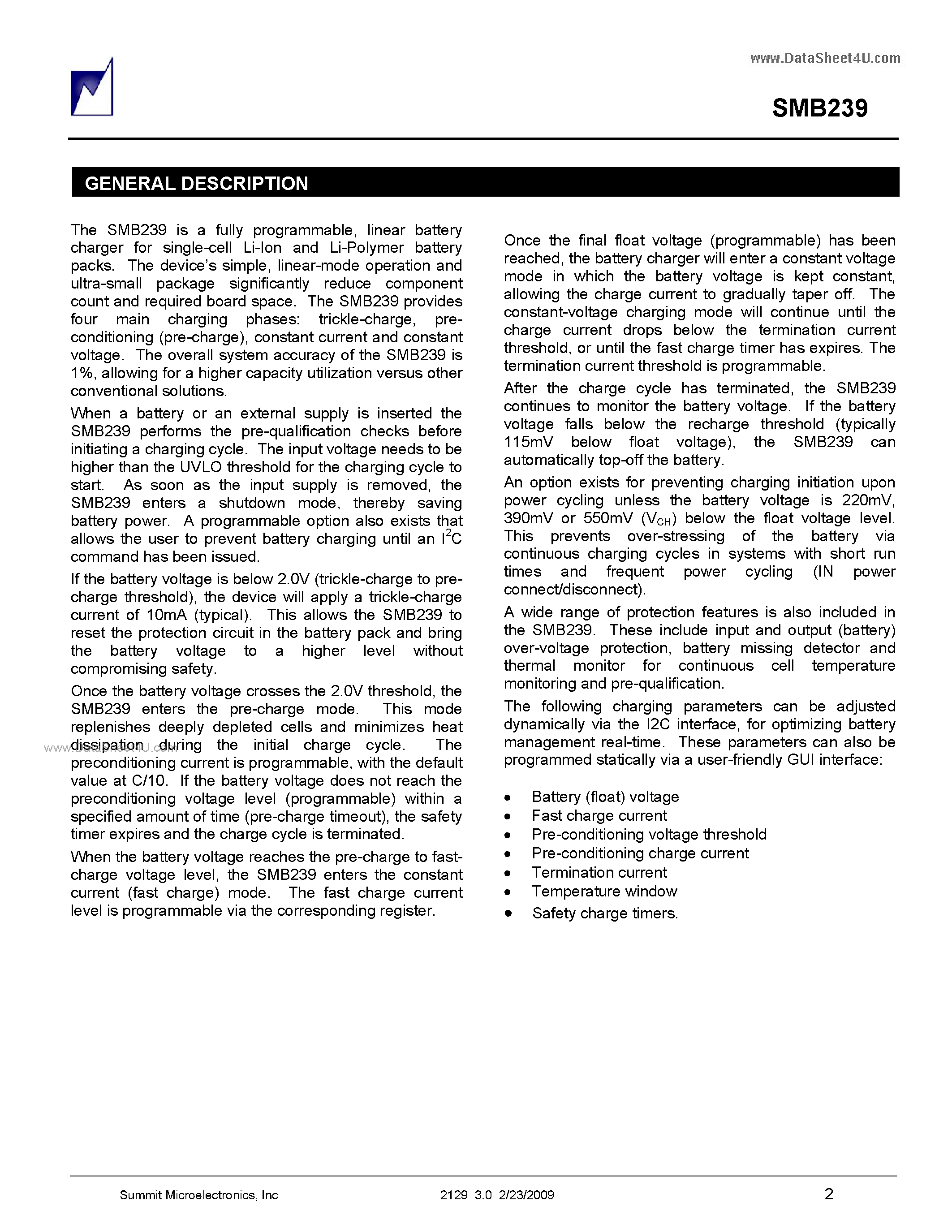 Datasheet SMB239 page 2 Datasheet SMB239 - Programmable Linear Battery Charger page 2