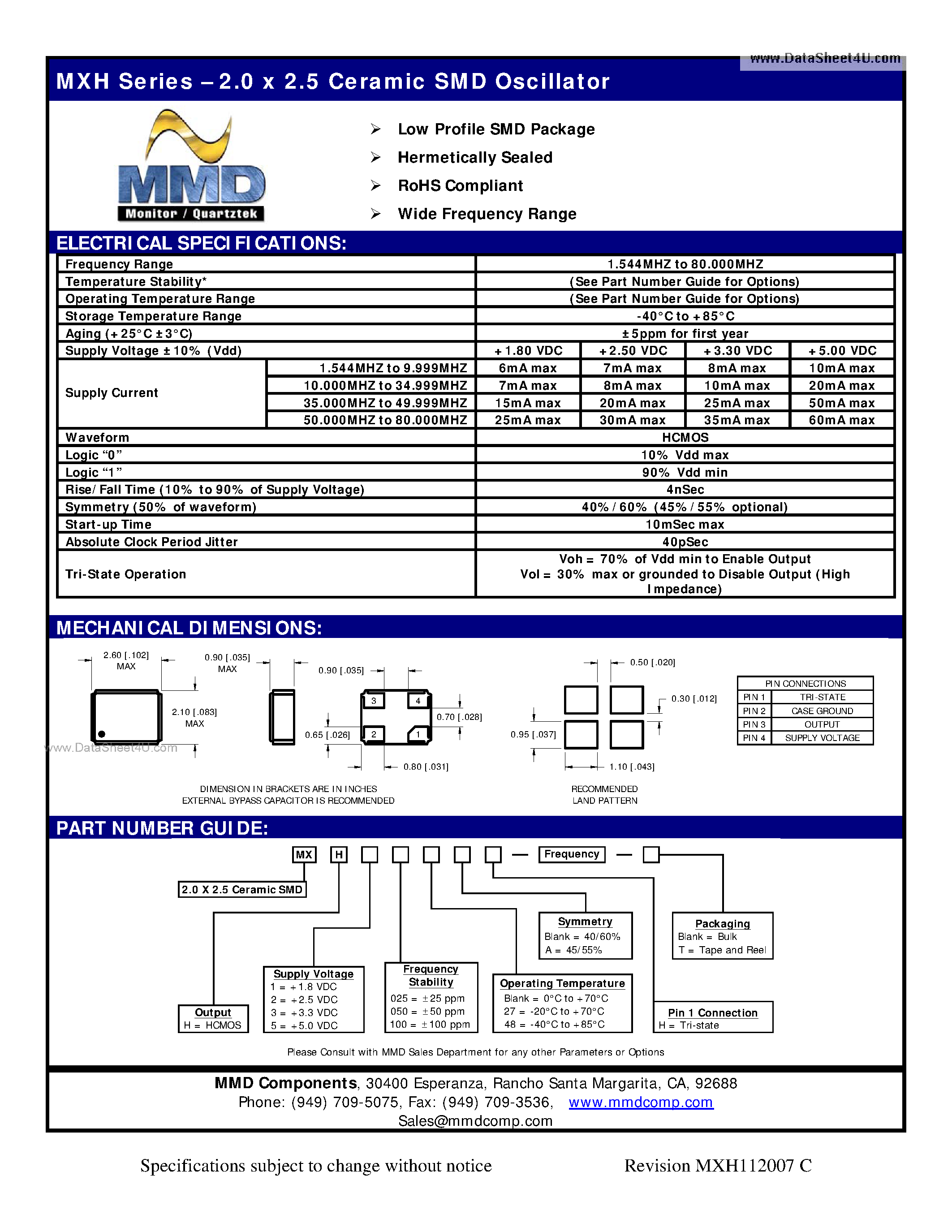 Datasheet MXH - 2.0 x 2.5 Ceramic SMD Oscillator page 1