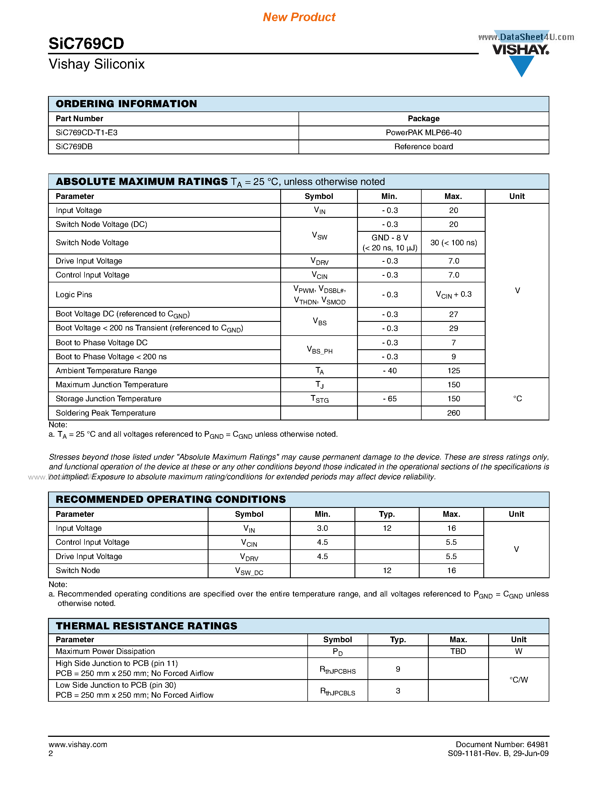 Datasheet SiC769CD - Integrated DrMOS Power Stage page 2