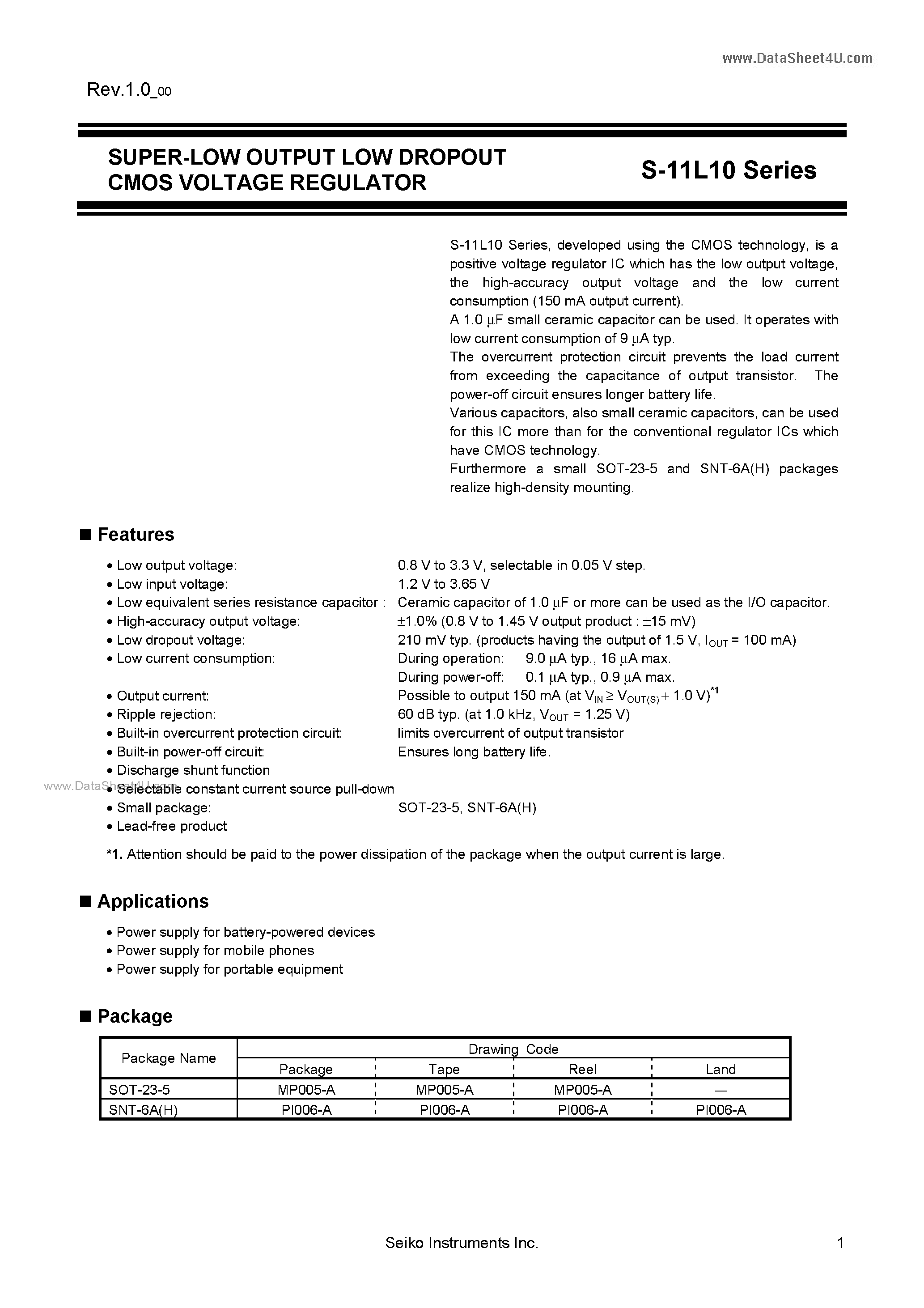 Даташит на микросхему S-11L10 страница 1 Даташит S-11L10 - SUPER-LOW OUTPUT LOW DROPOUT CMOS VOLTAGE REGULATOR страница 1