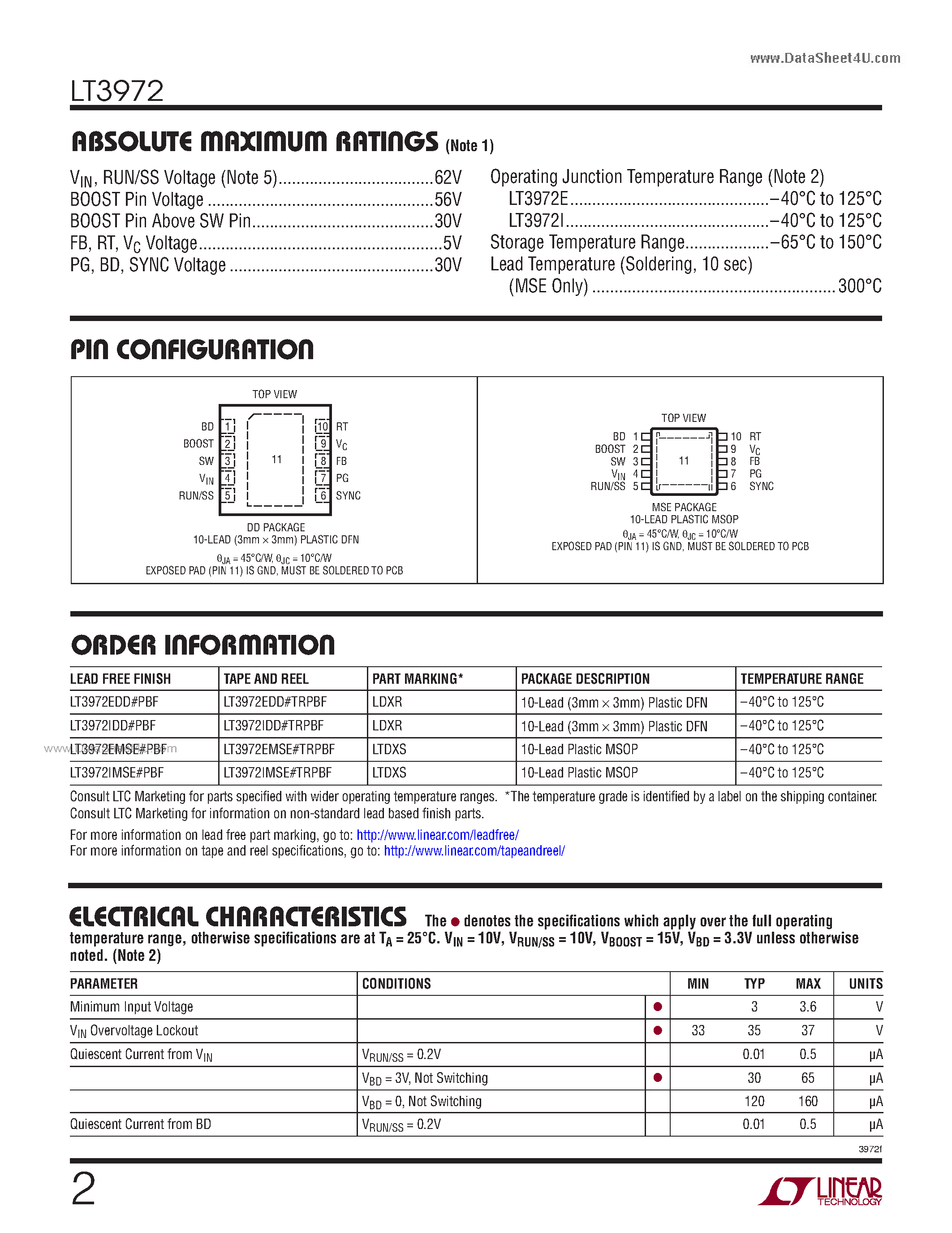 Даташит LT3972 - 2.4MHz Step-Down Switching Regulator страница 2