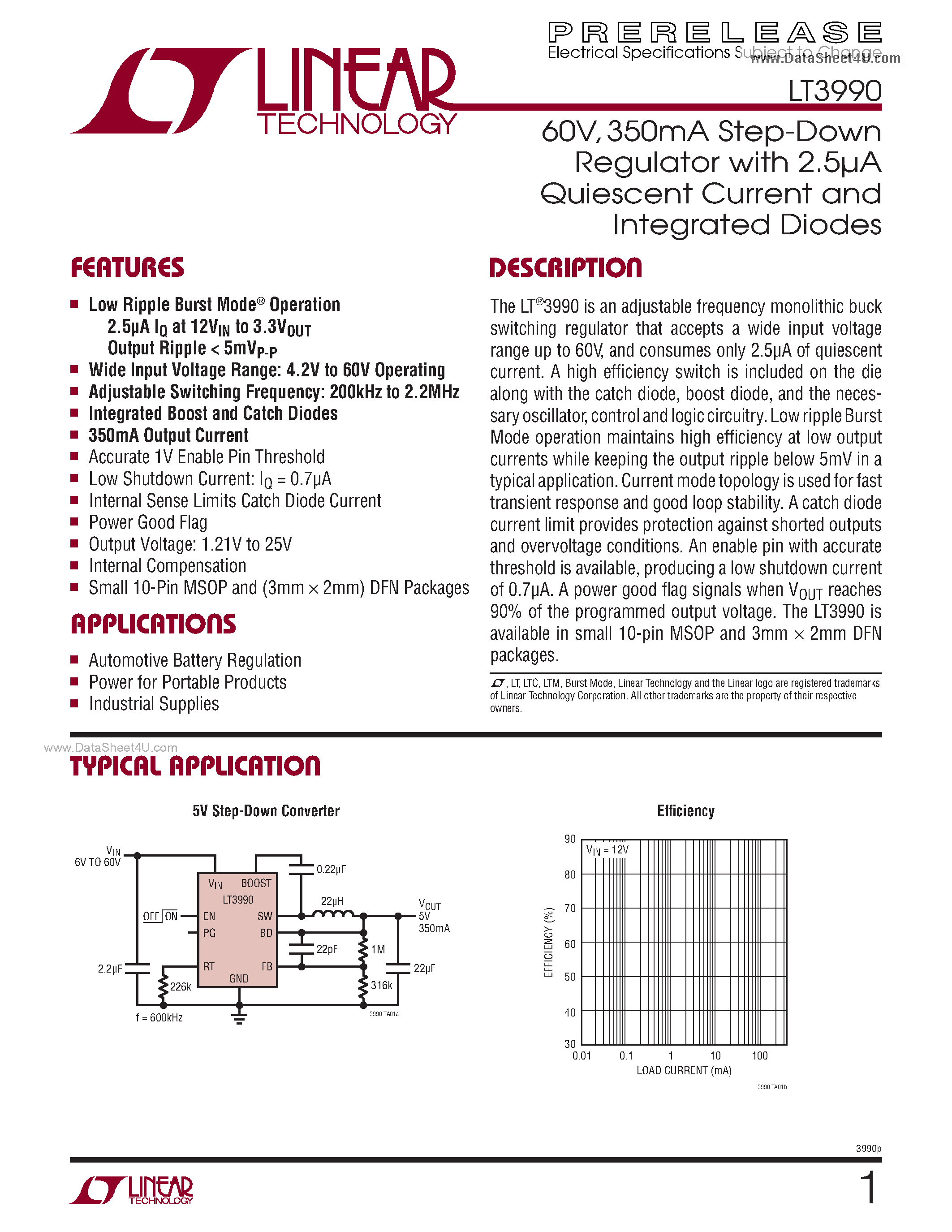 Datasheet LT3990 - 350mA Step-Down Regulator page 1