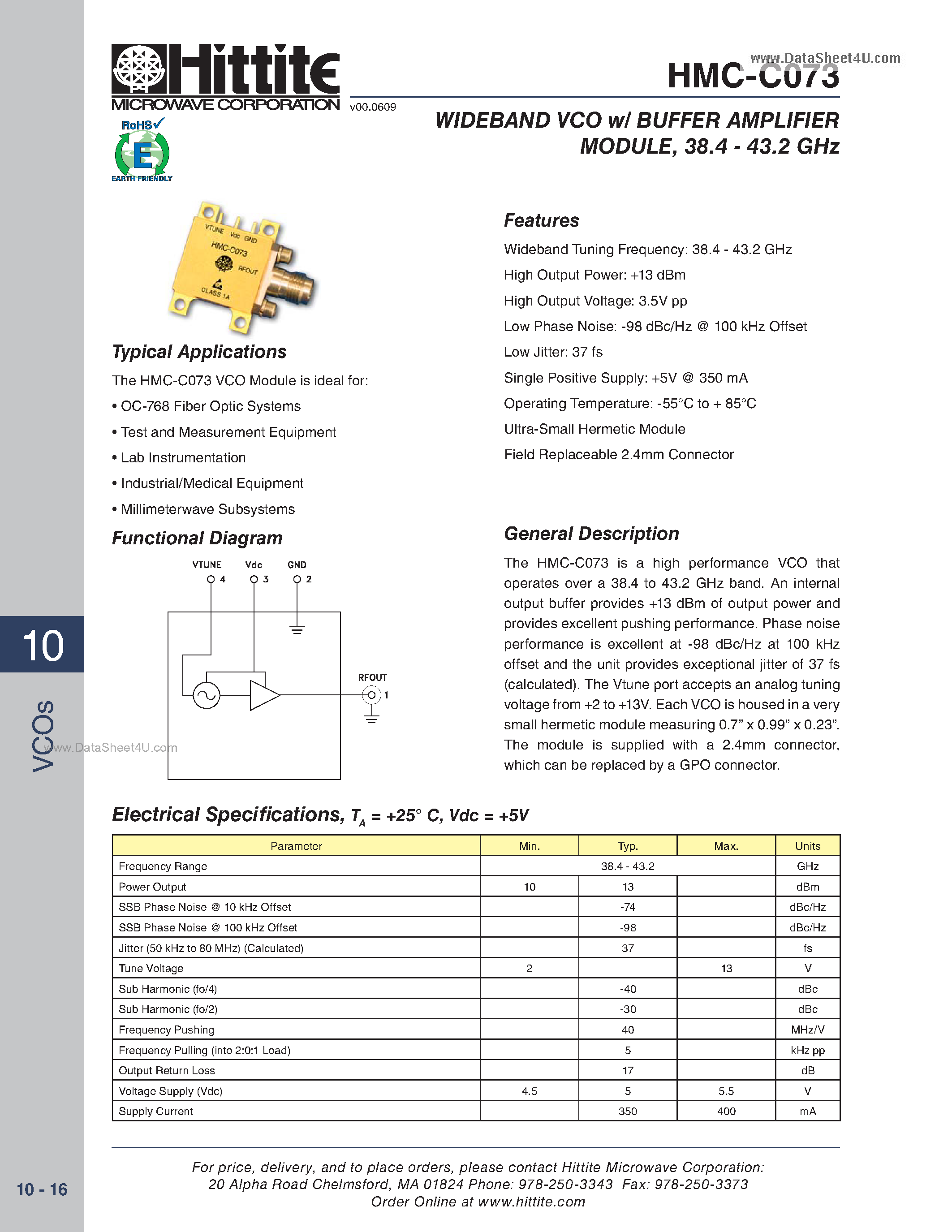 Даташит HMC-C073 - WIDEBAND VCO w/ BUFFER AMPLIFIER MODULE страница 1