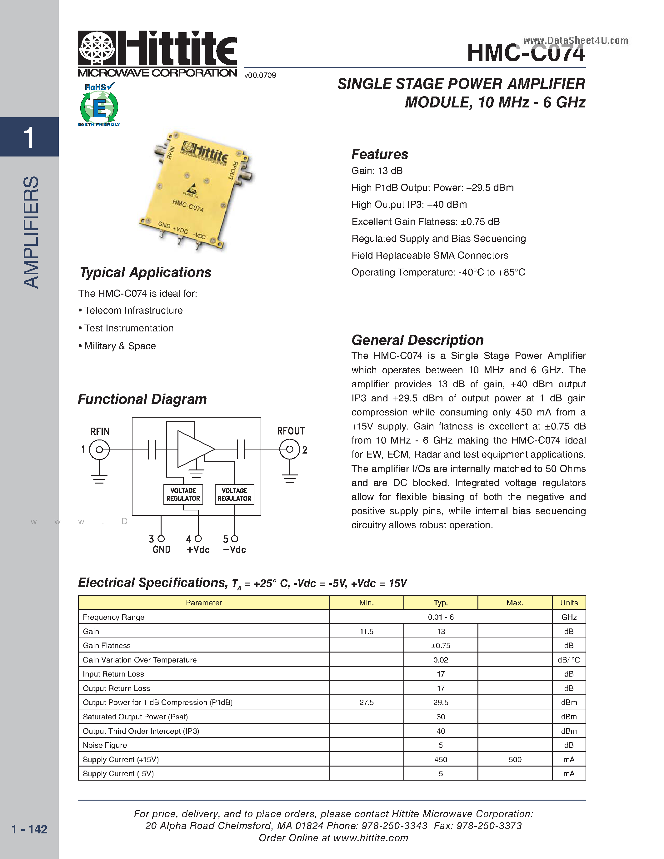 Datasheet HMC-C074 - SINGLE STAGE POWER AMPLIFIER MODUL page 1
