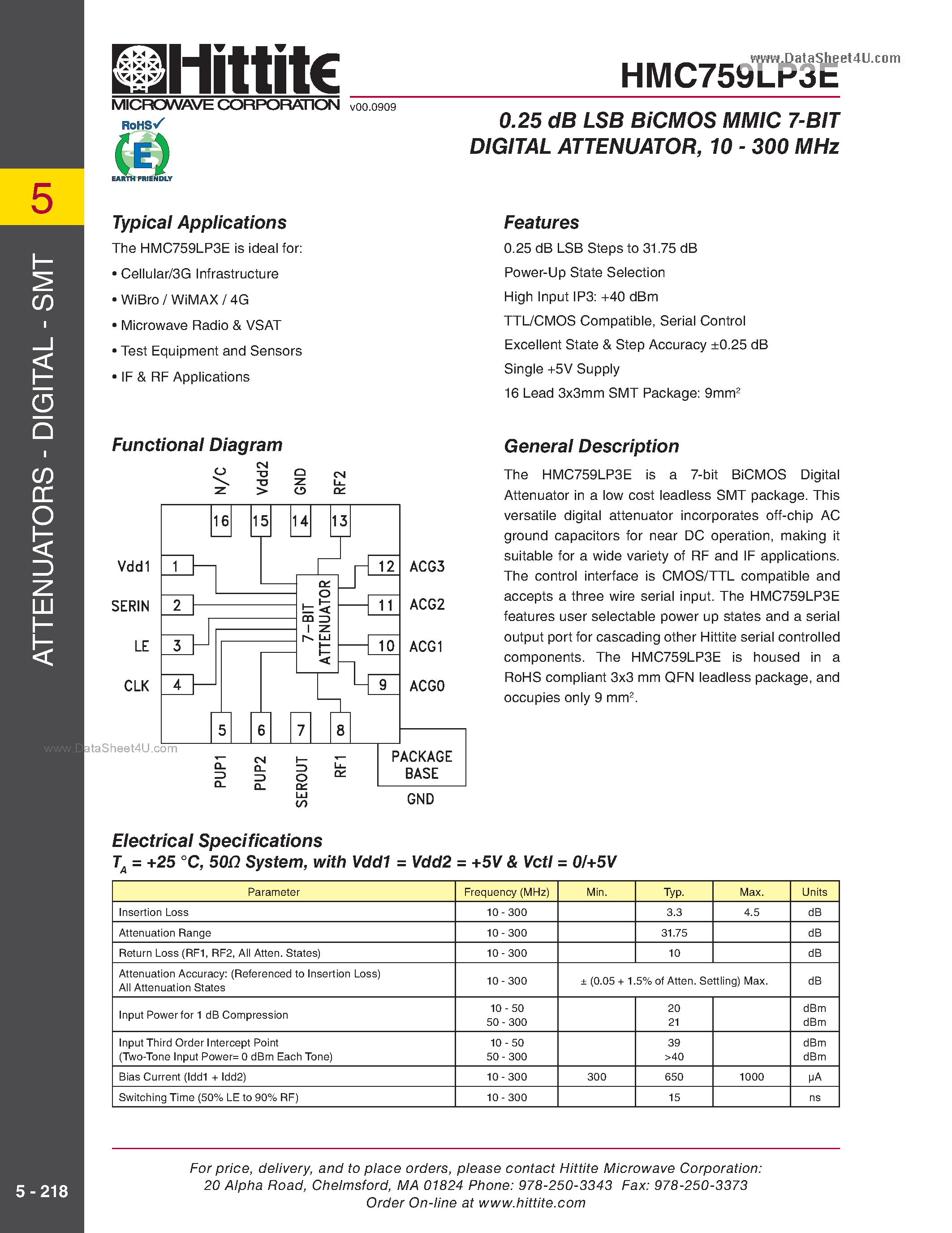 Datasheet HMC759LP3E - 0.25dB LSB 7-Bit Digital Attenuator SMT page 1