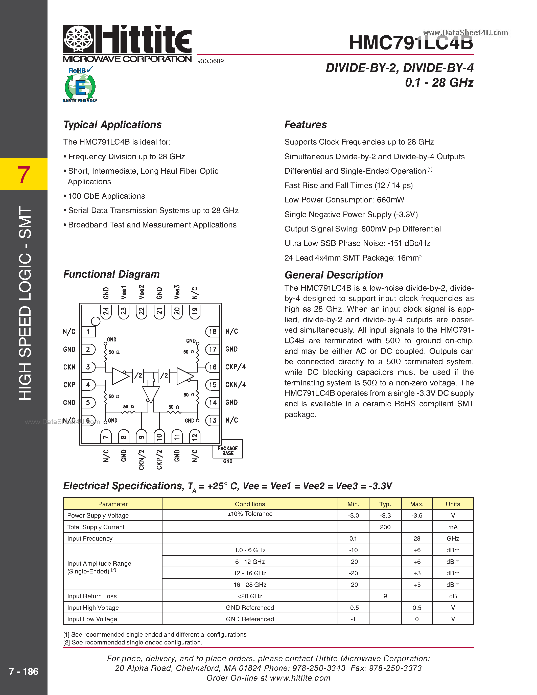 Даташит HMC791LC4B - DIVIDE-BY-2 / DIVIDE-BY-4 страница 1