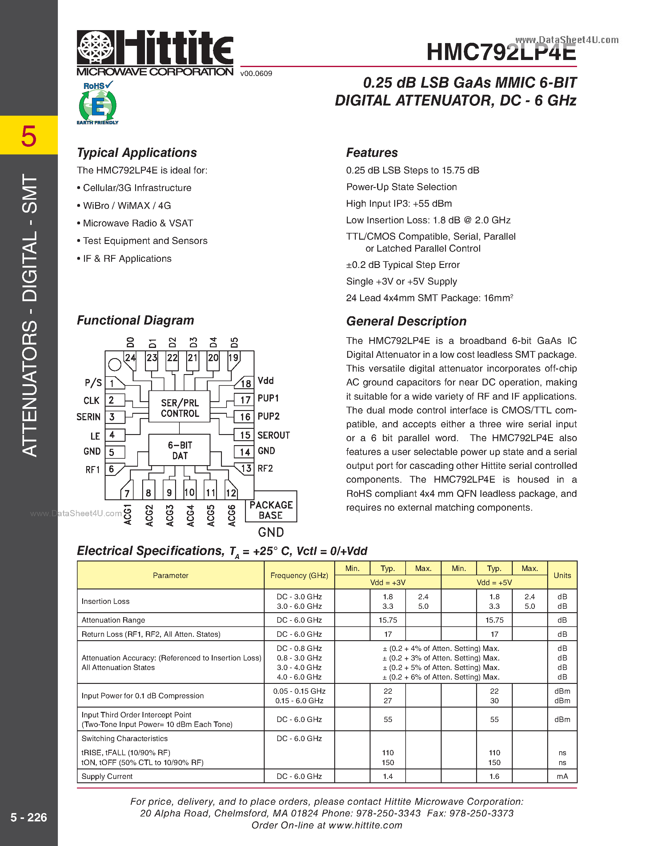 Datasheet HMC792LP4E - 0.25 dB LSB GaAs MMIC 6-BIT DIGITAL ATTENUATOR page 1