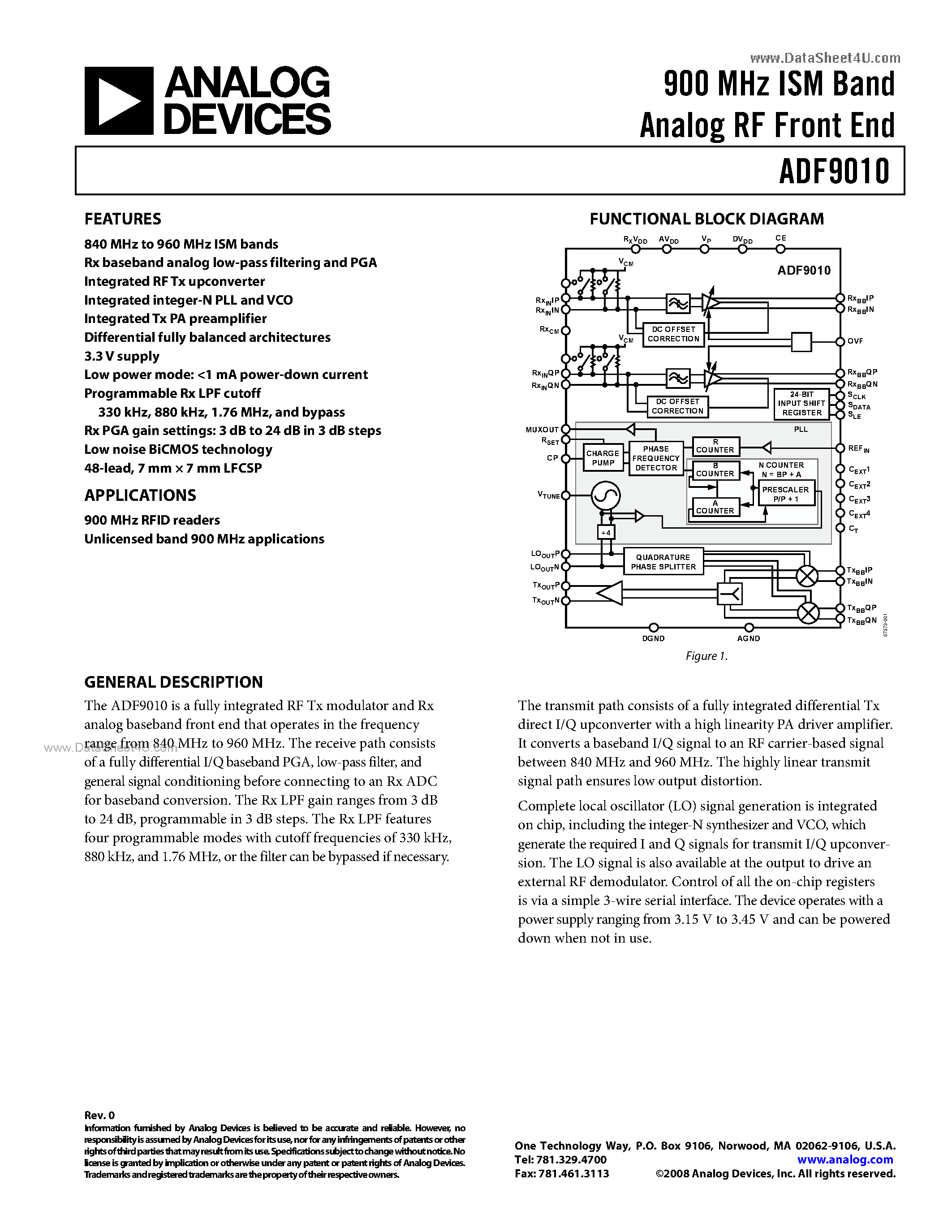 Даташит ADF9010 - 900 MHz ISM Band Analog RF Front End страница 1