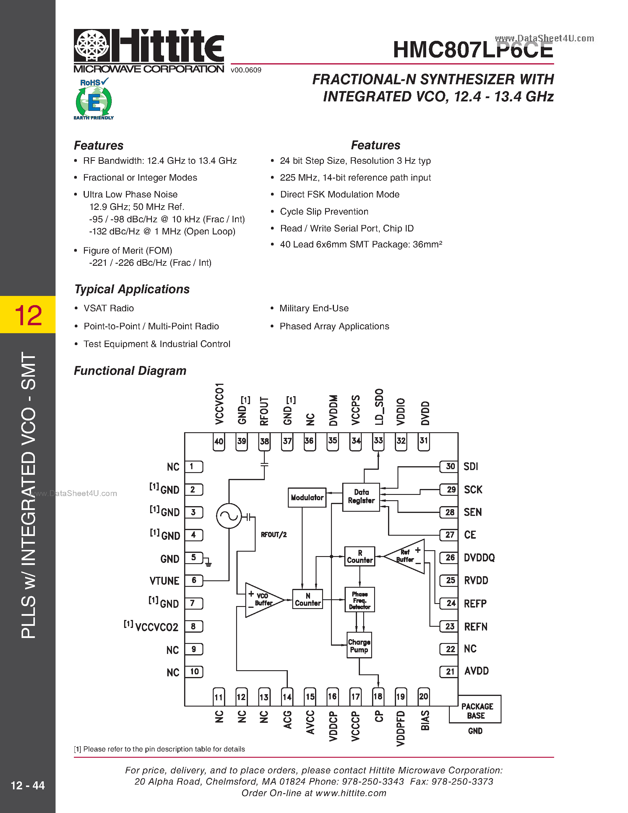 Datasheet HMC807LP6CE page 1 Datasheet HMC807LP6CE - FRACTIONAL-N SYNTHESIZER page 1