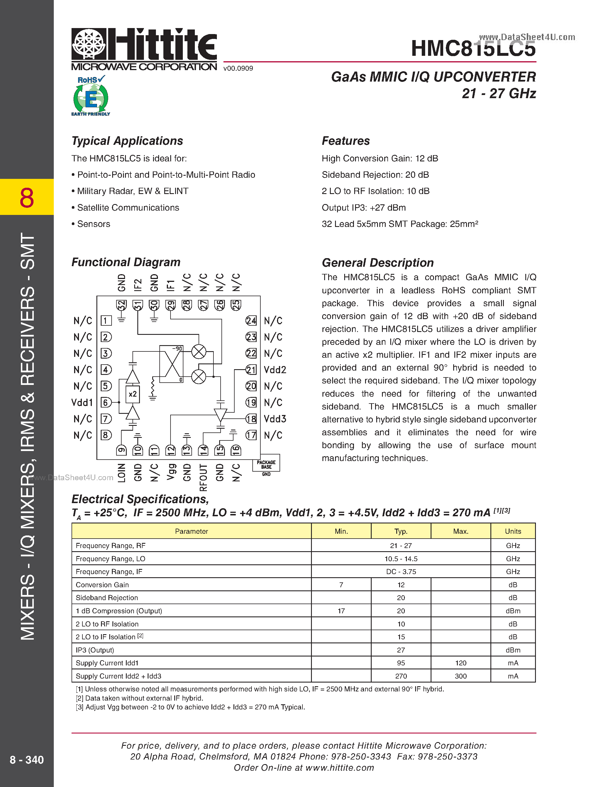 Datasheet HMC815LC5 page 1 Datasheet HMC815LC5 - GaAs MMIC I/Q UPCONVERTER 21 - 27 GHz page 1