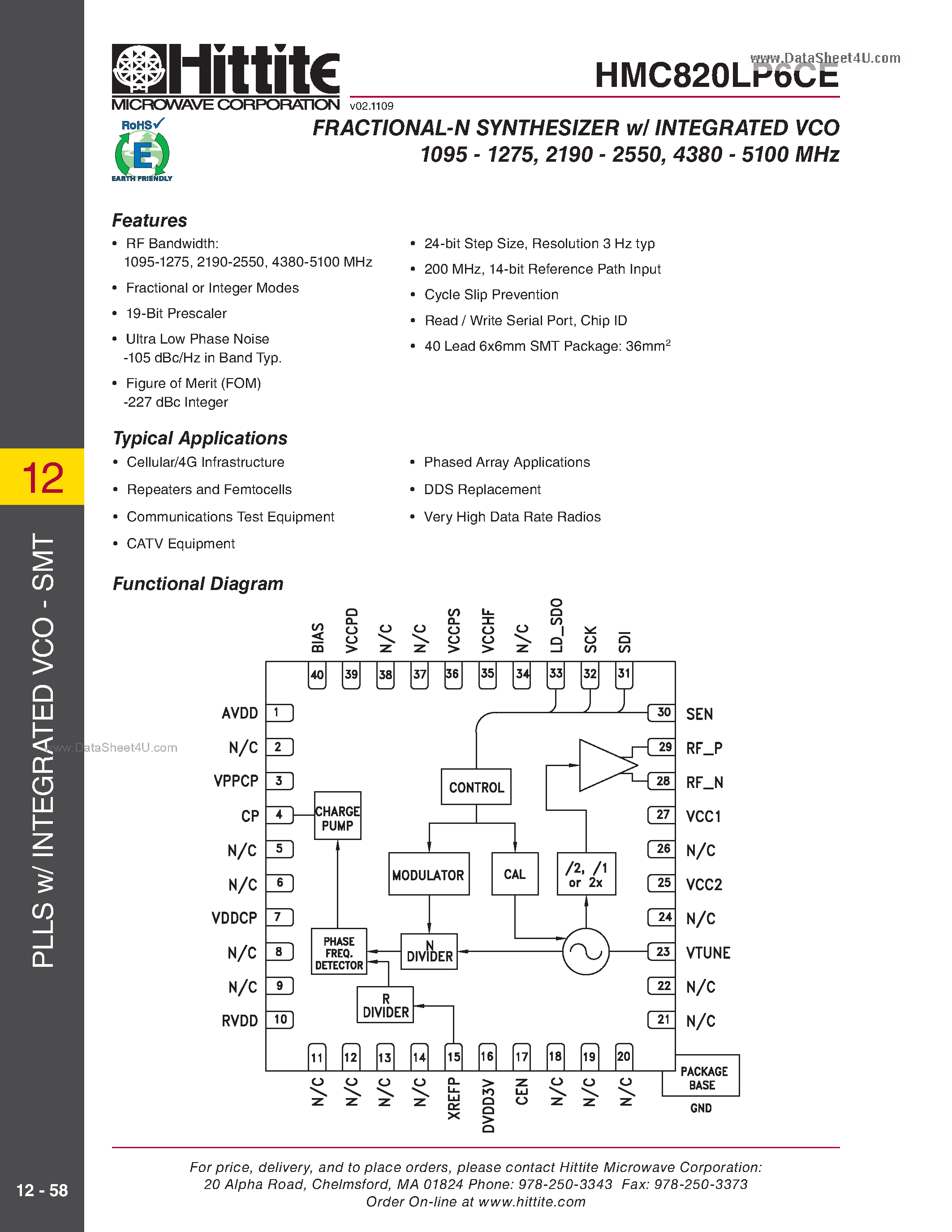 Datasheet HMC820LP6CE - FRACTIONAL-N SYNTHESIZER w/ INTEGRATED VCO page 1