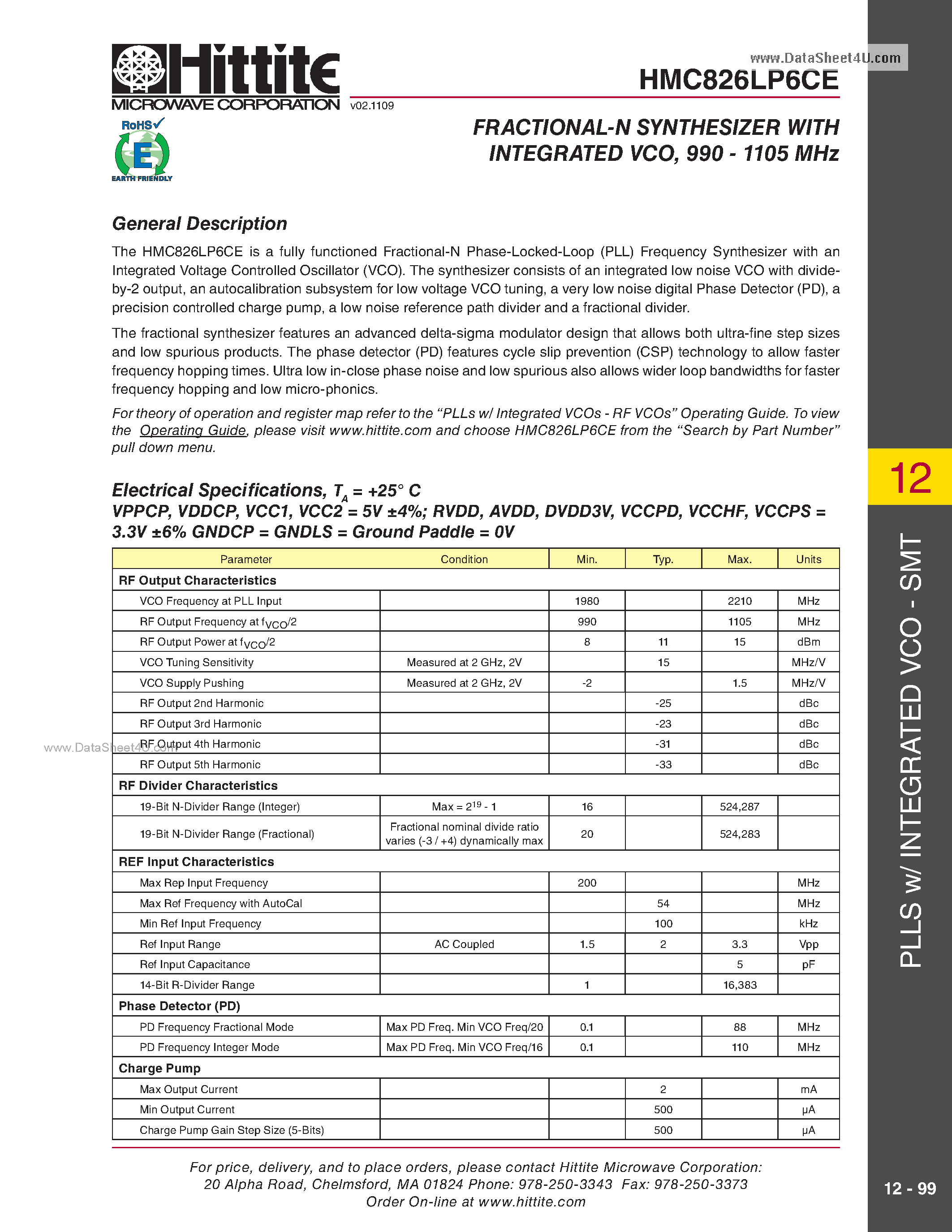 Datasheet HMC826LP6CE - FRACTIONAL-N SYNTHESIZER page 2