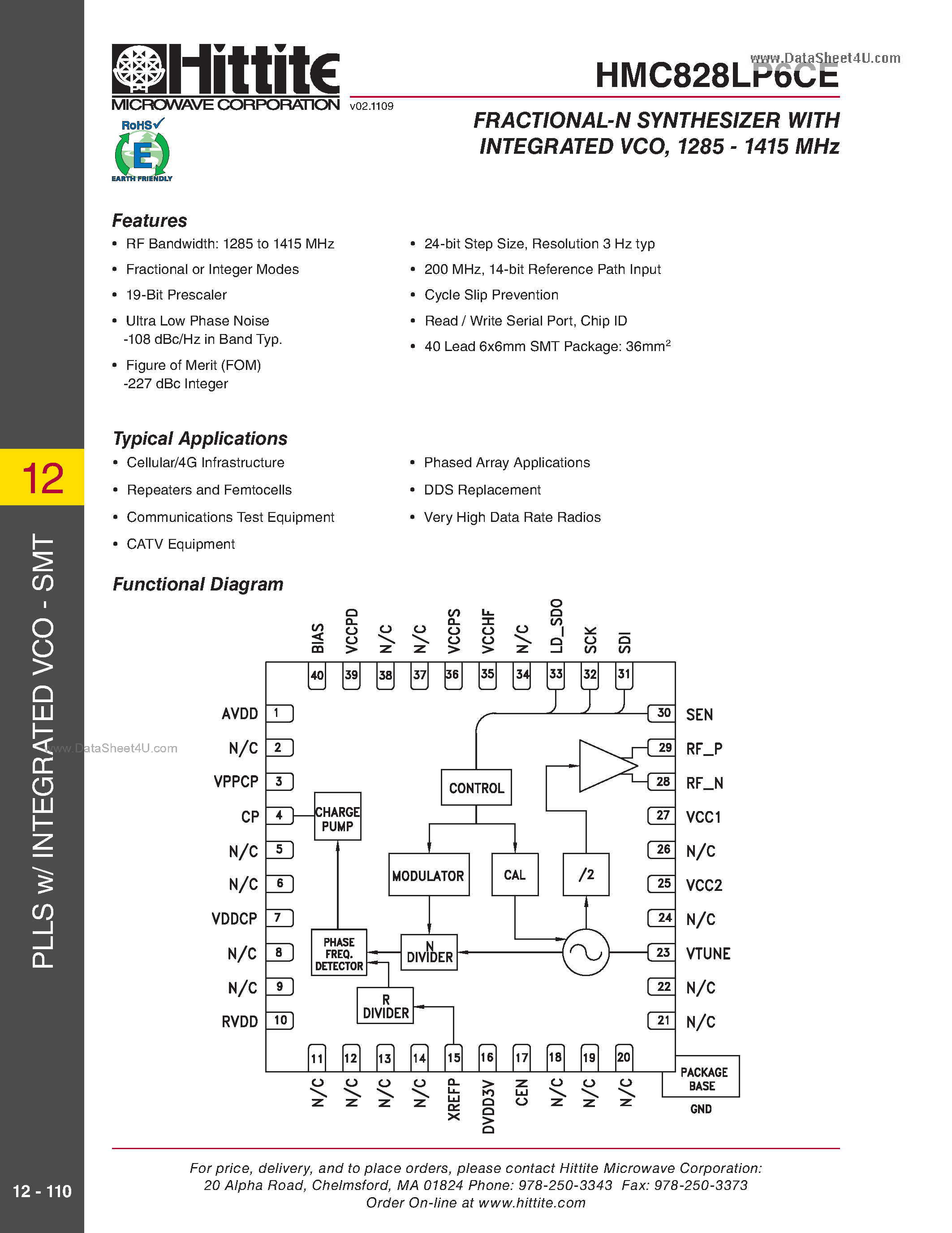 Datasheet HMC828LP6CE page 1 Datasheet HMC828LP6CE - FRACTIONAL-N SYNTHESIZER page 1