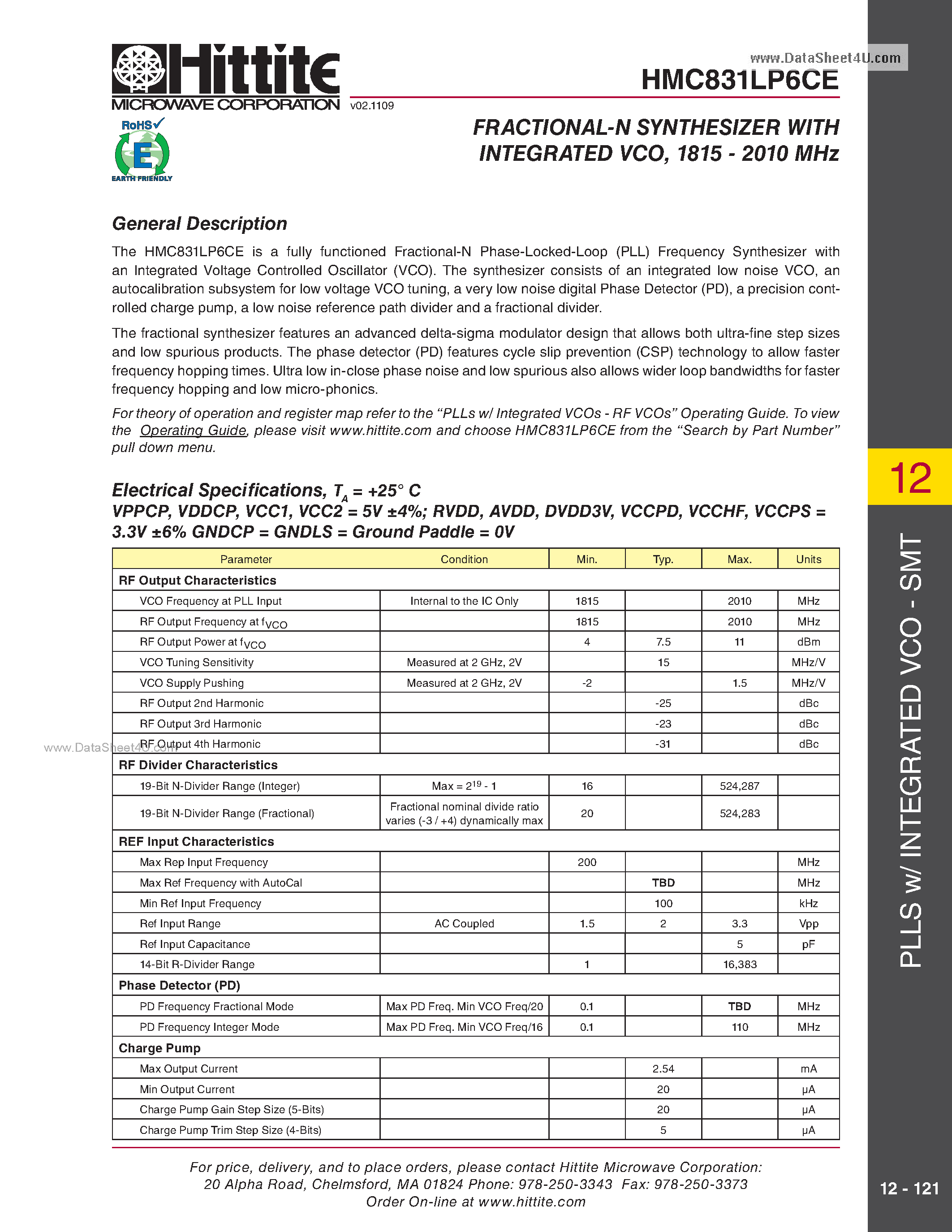 Datasheet HMC831LP6CE page 2 Datasheet HMC831LP6CE - FRACTIONAL-N SYNTHESIZER page 2