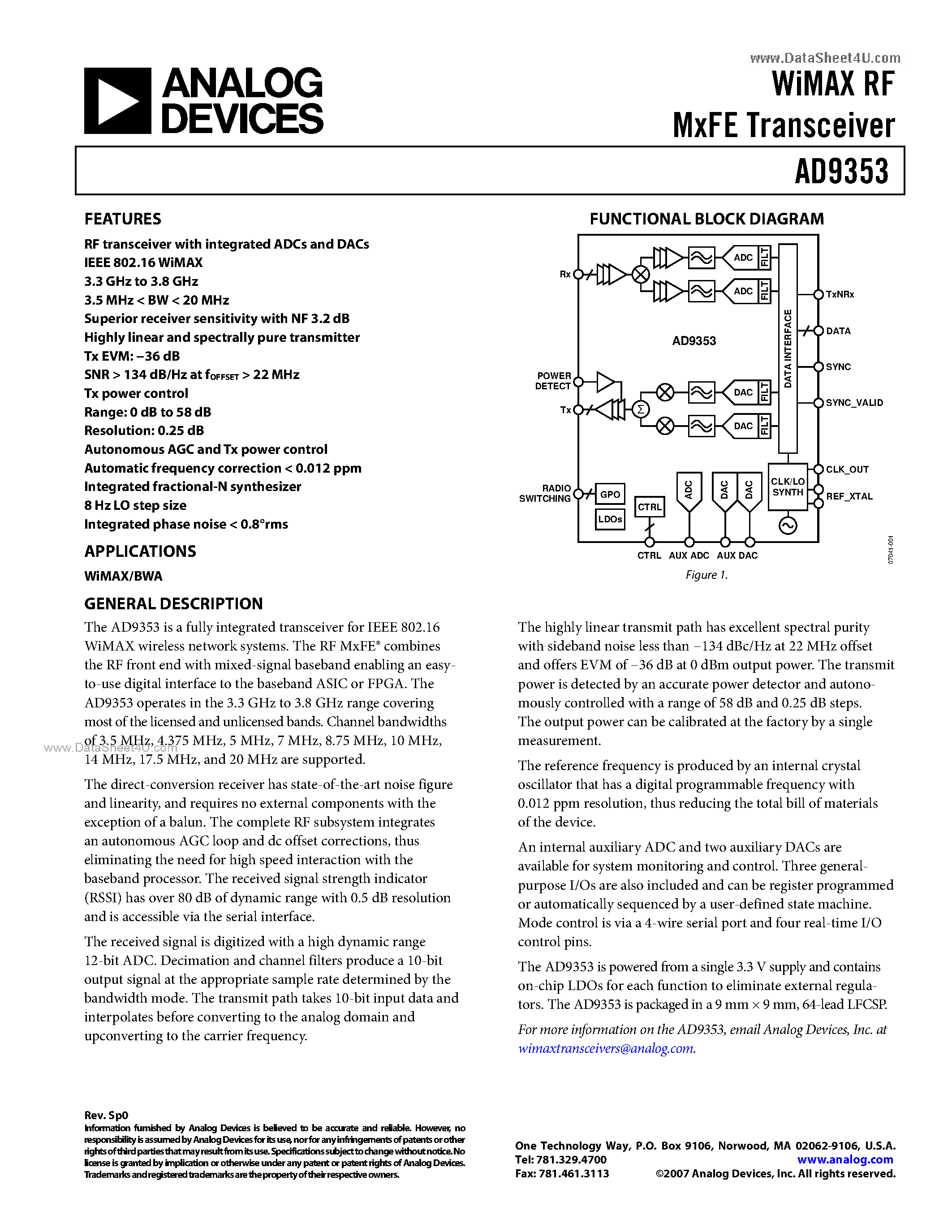 Datasheet AD9353 page 1 Datasheet AD9353 - WiMAX RF MxFE Transceiver page 1