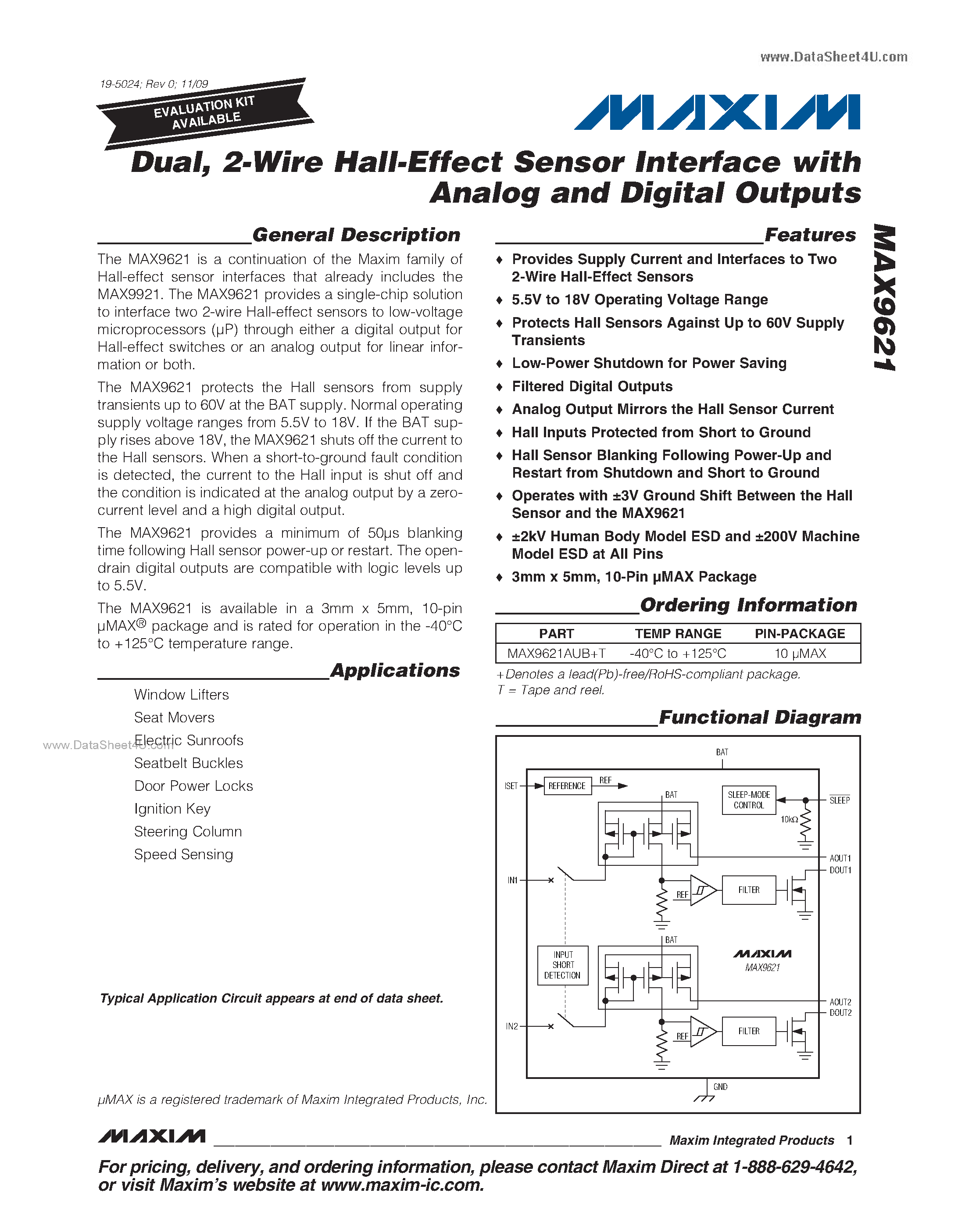 Datasheet MAX9621 - 2-Wire Hall-Effect Sensor Interface page 1