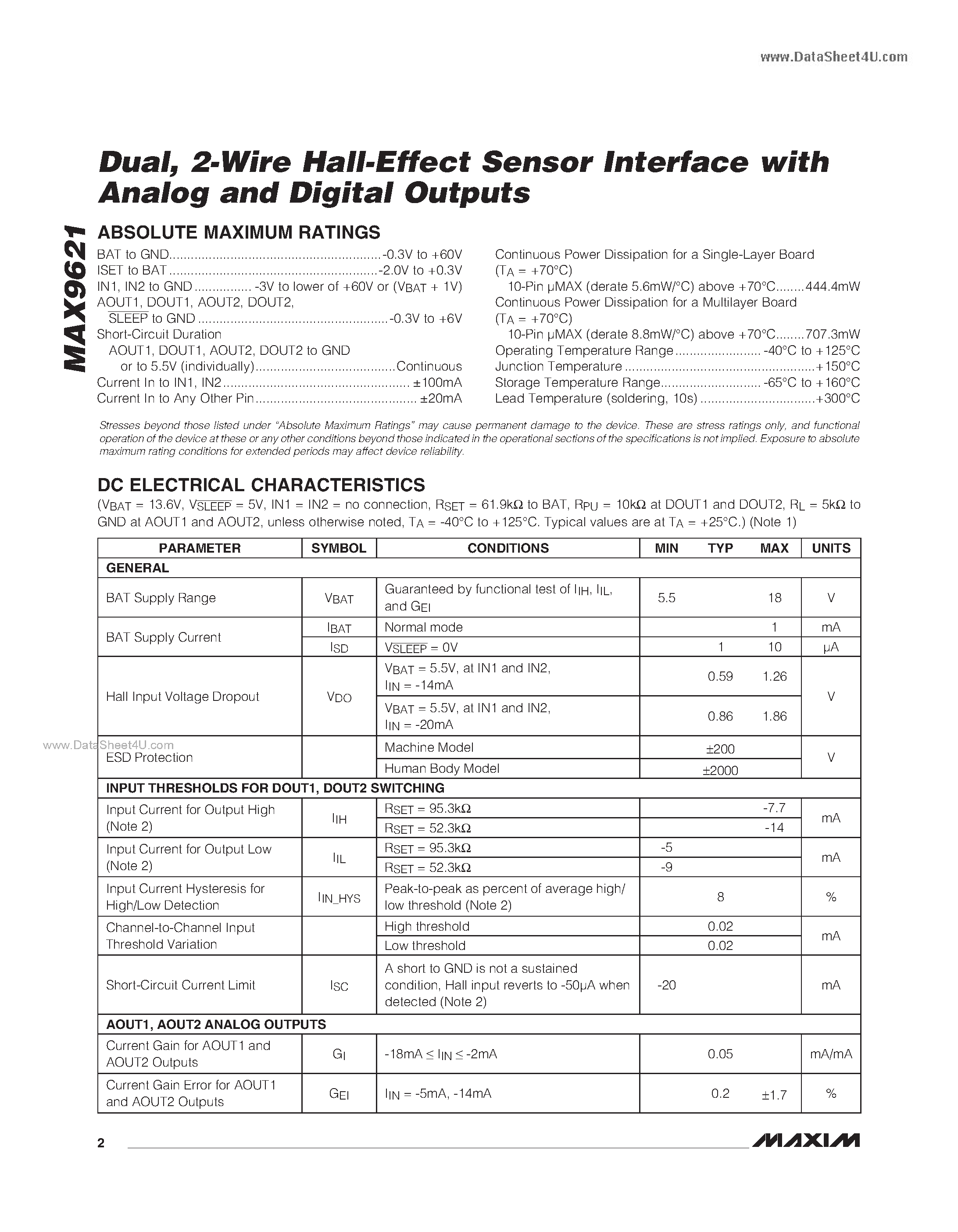 Datasheet MAX9621 - 2-Wire Hall-Effect Sensor Interface page 2