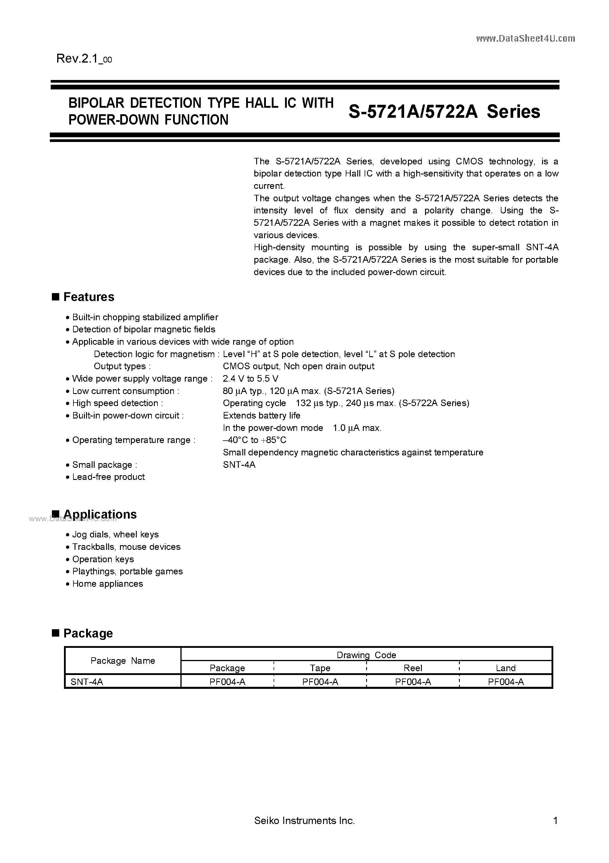 Datasheet S-5721A - (S-5721A / S-5722A) BIPOLAR DETECTION TYPE HALL IC page 1