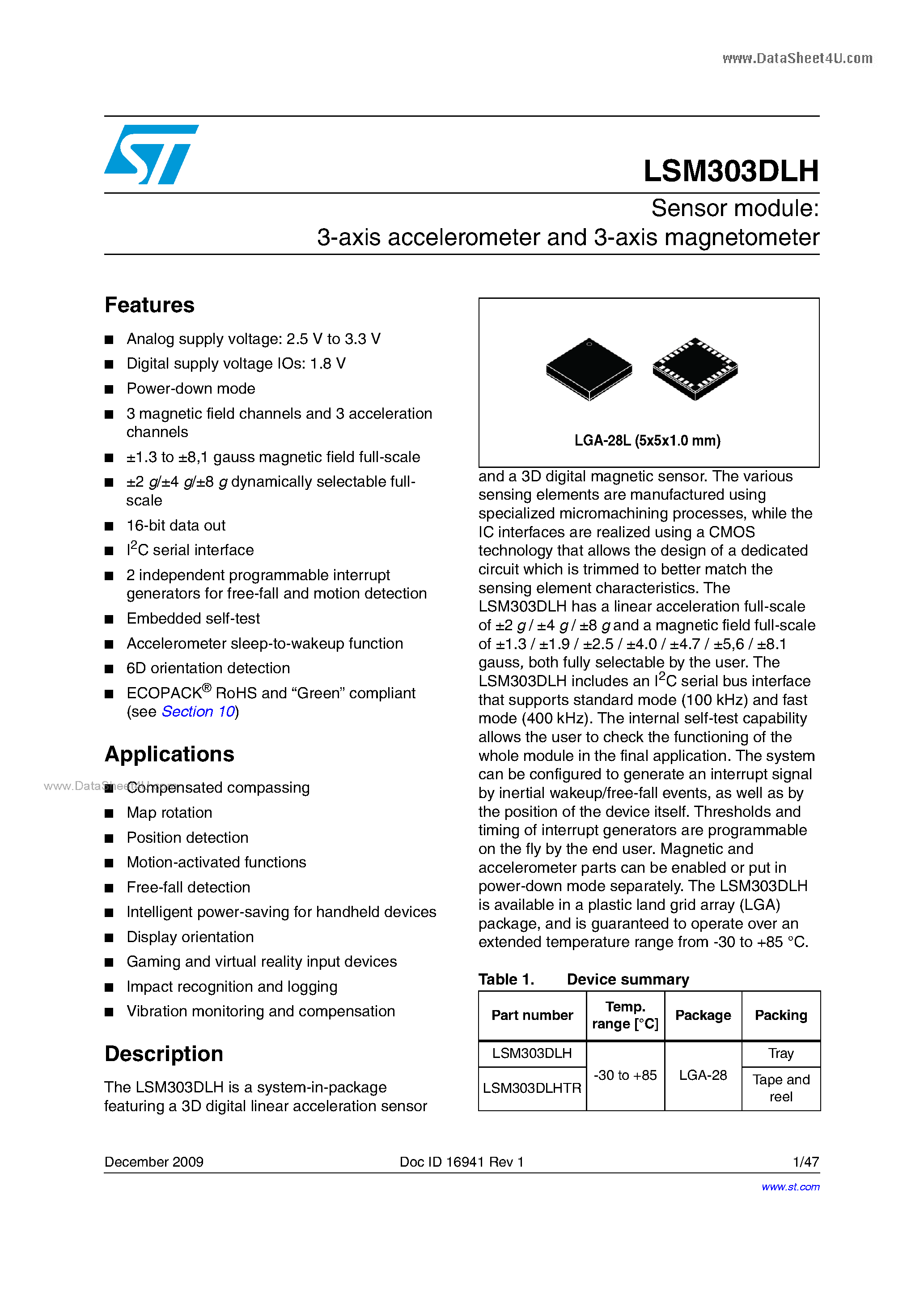 Datasheet LSM303DLH - 3-axis accelerometer and 3-axis magnetometer page 1