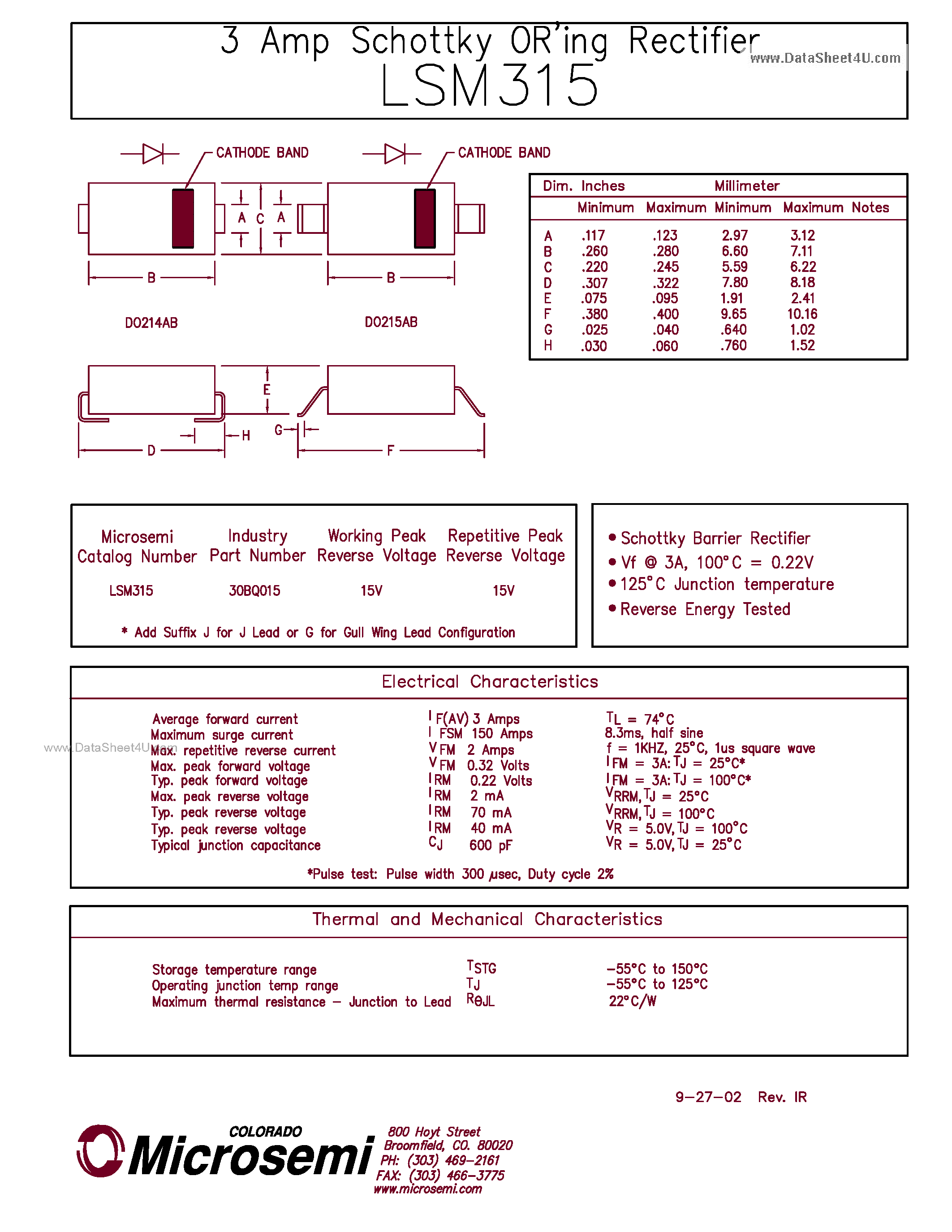 Datasheet LSM315 - 3 AMP SCHOTTKY ORING RECTIFIER page 1