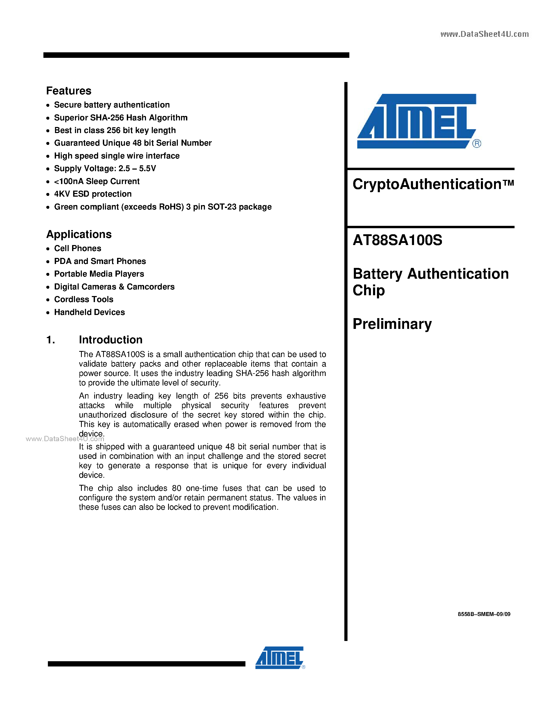 Datasheet AT88SA100S - Battery Authentication Chip page 1