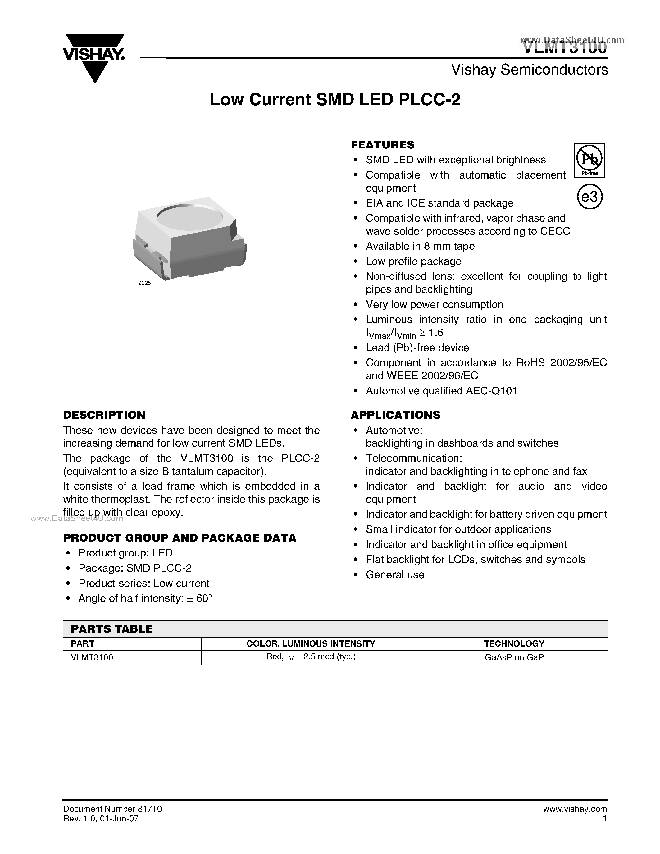Datasheet VLMT3100 - Low Current SMD LED PLCC-2 page 1