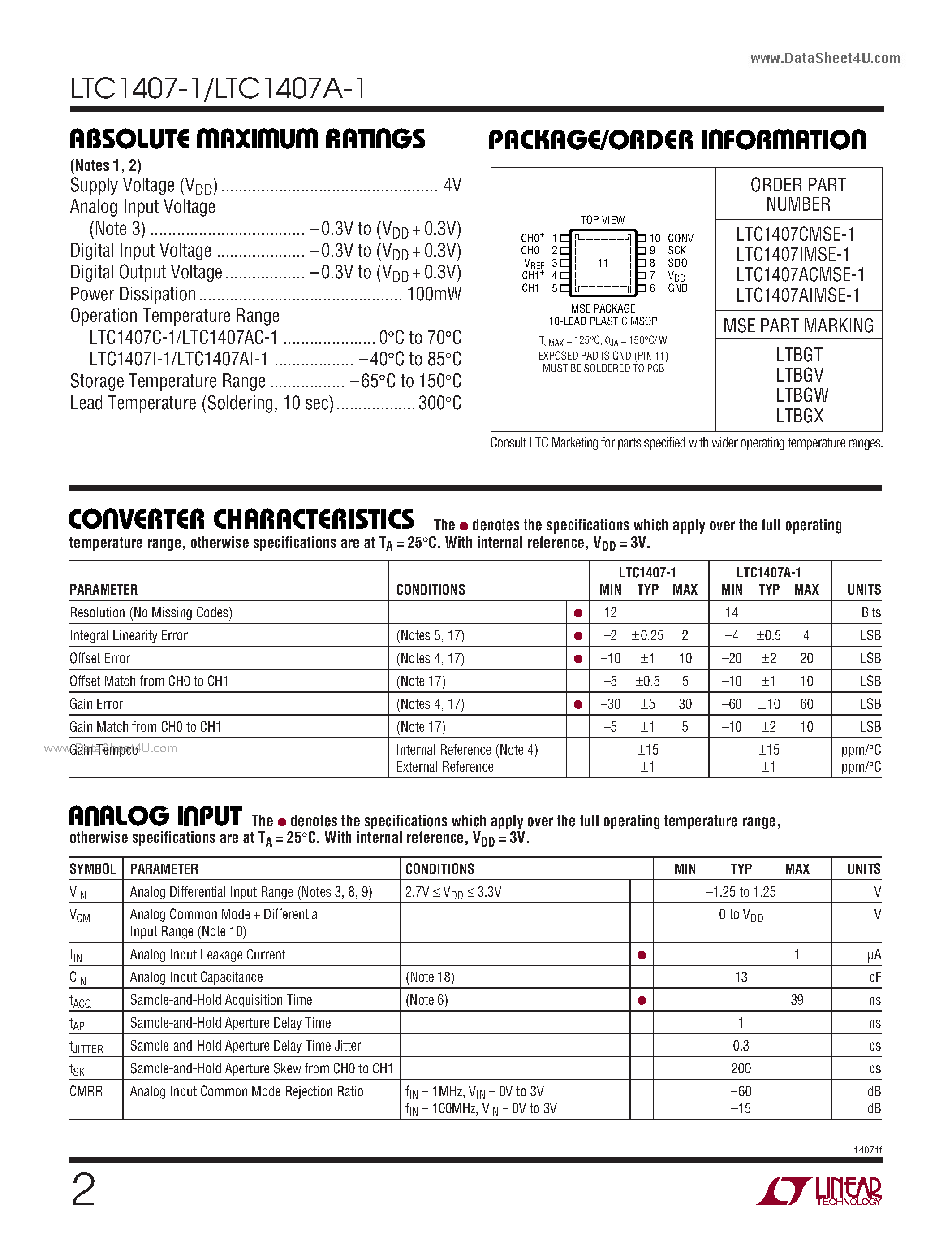 Даташит LTC1407-1 - 3Msps Simultaneous Sampling ADCs страница 2