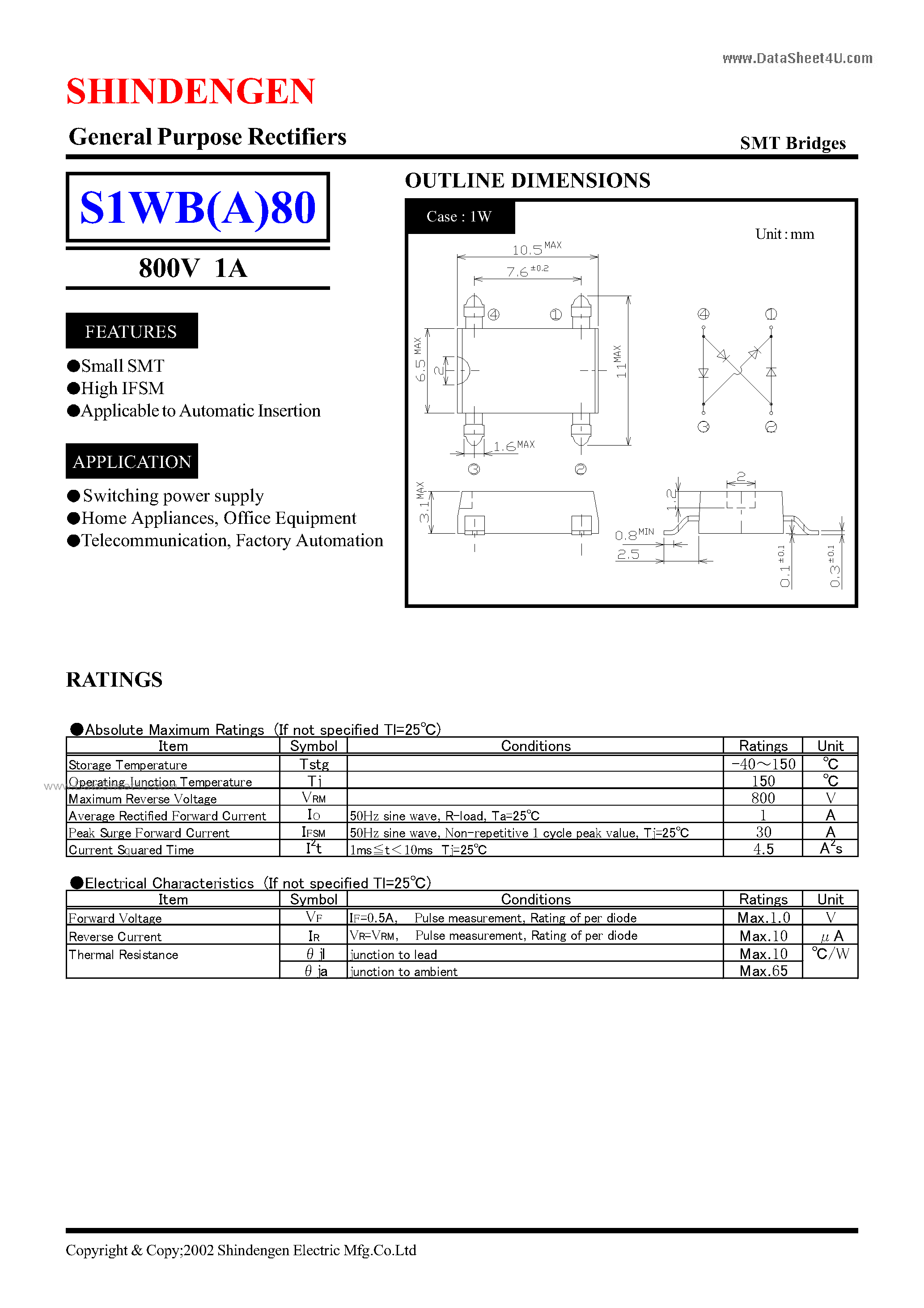 Datasheet S1WB80 page 1 Datasheet S1WB80 - General Purpose Rectifiers page 1