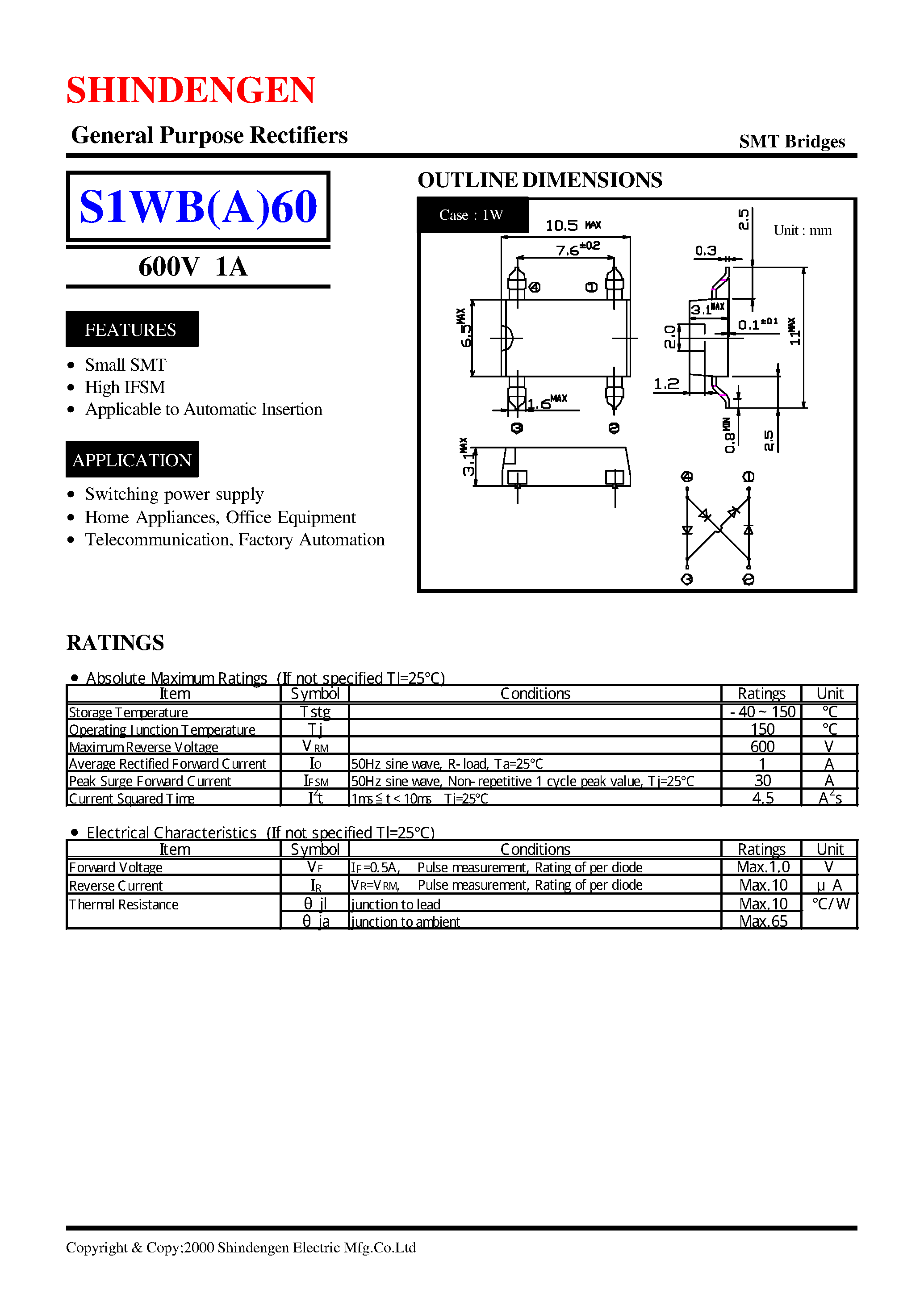 Datasheet S1WB60 page 1 Datasheet S1WB60 - General Purpose Rectifiers(600V 1A) page 1