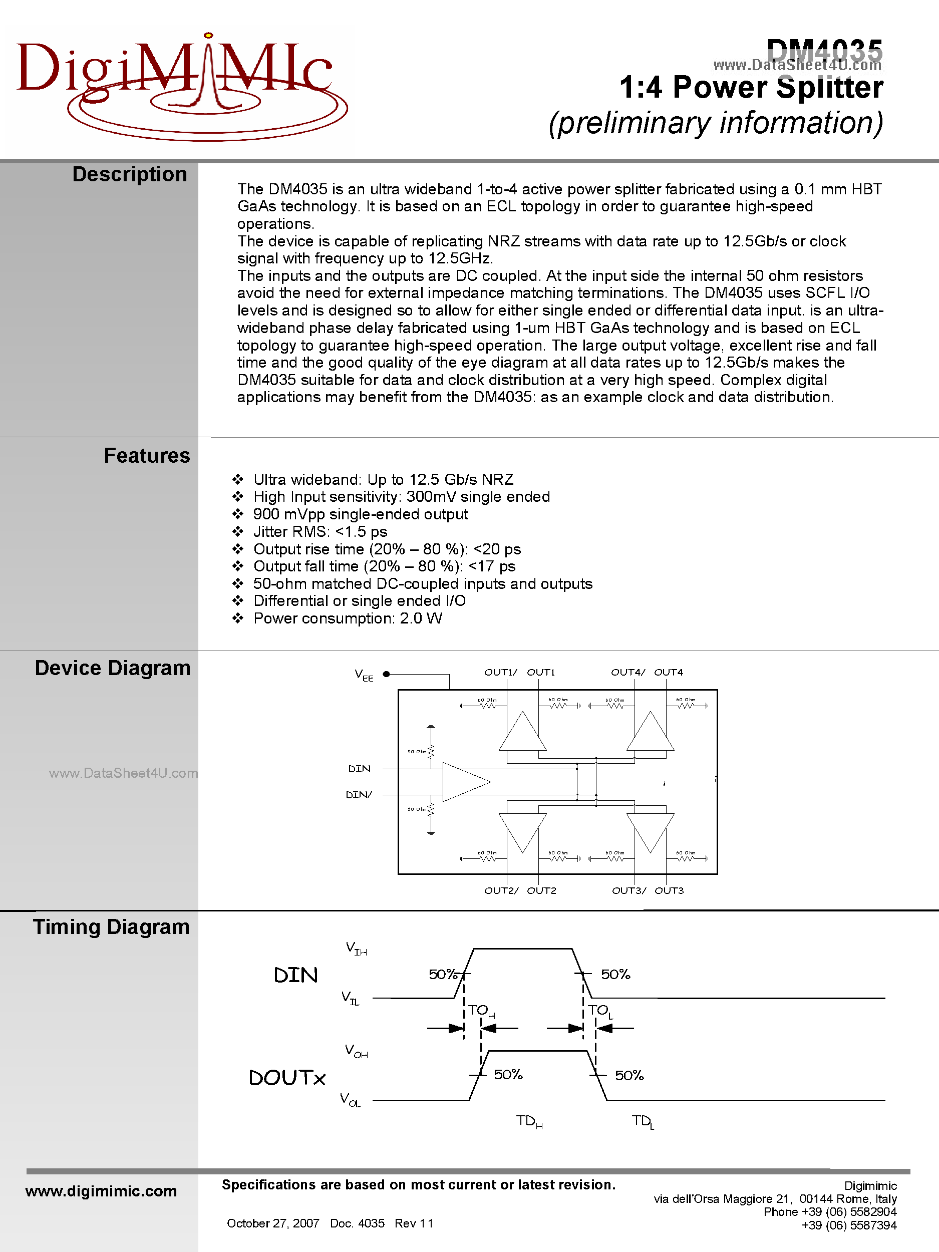 Datasheet DM4035 - 1:4 Power Splitter page 1