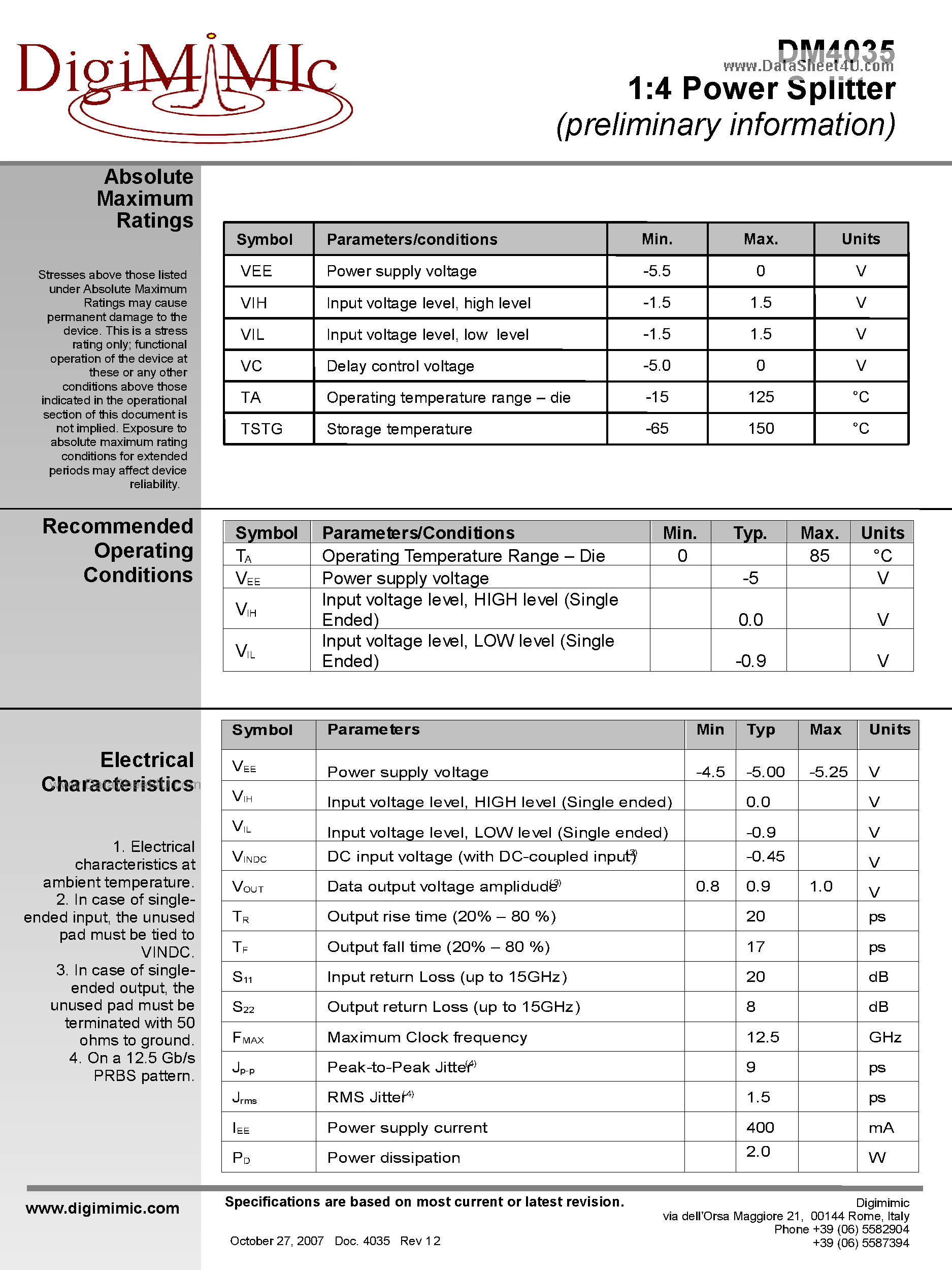 Datasheet DM4035 - 1:4 Power Splitter page 2
