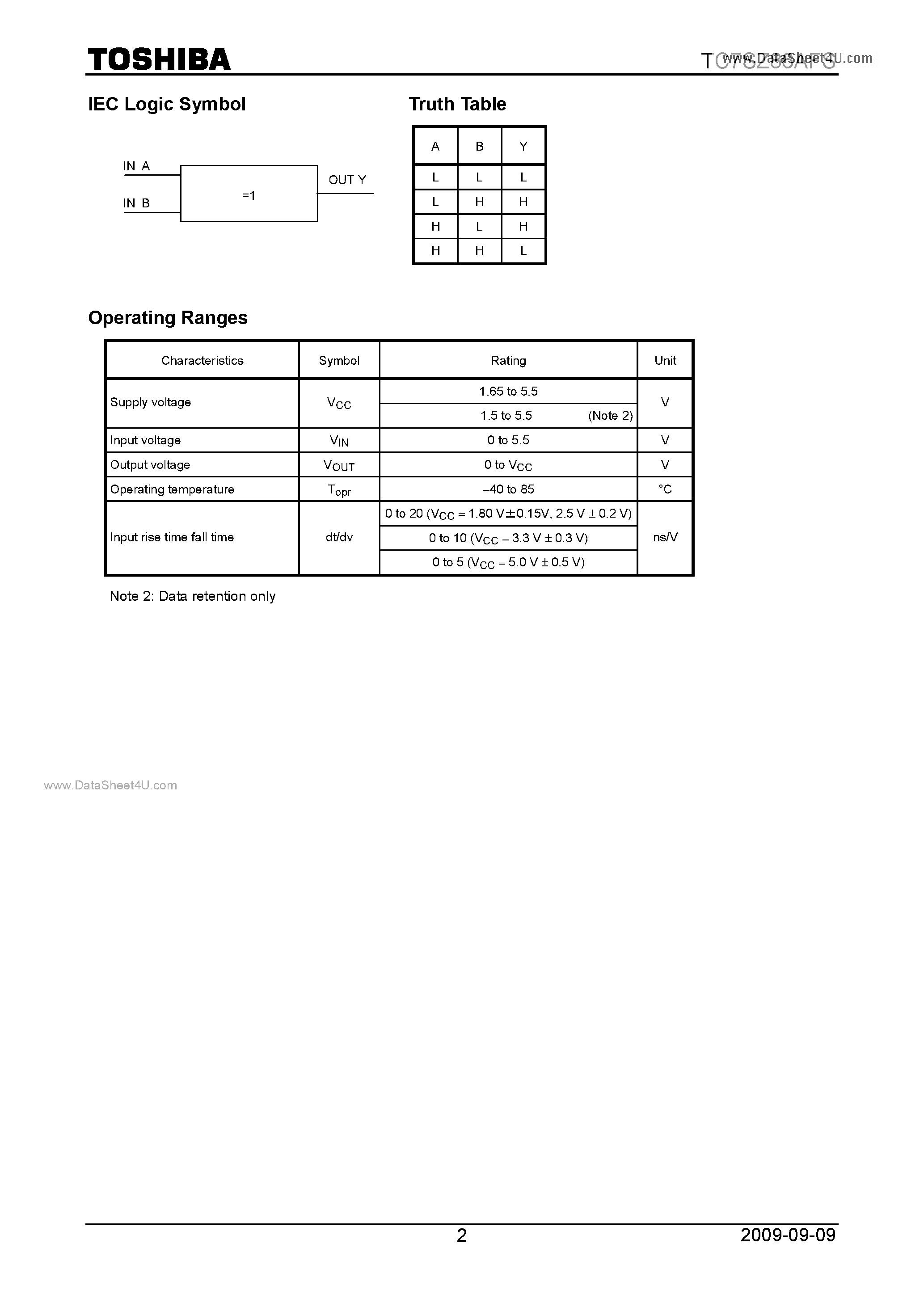Datasheet TC7SZ86AFS - 2-Input EXCLUSIVE OR Gate page 2