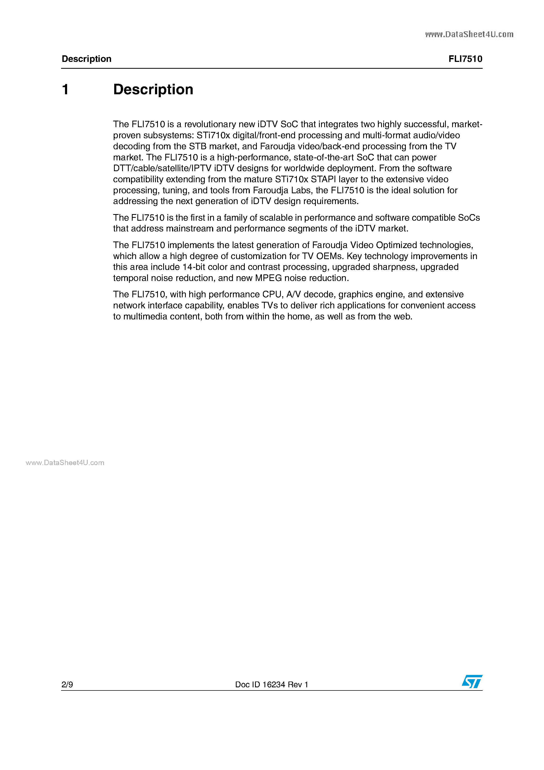 Datasheet FLI7510 page 2 Datasheet FLI7510 - Worldwide H.264/MPEG decoder Faroudja video processing iDTV SoC page 2
