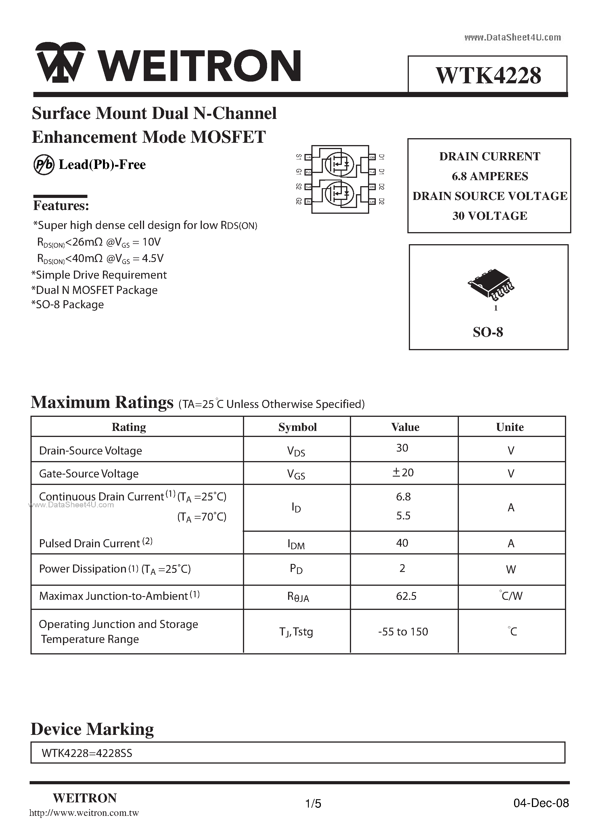 Datasheet WTK4228 page 1 Datasheet WTK4228 - Surface Mount Dual N-Channel Enhancement Mode MOSFET page 1