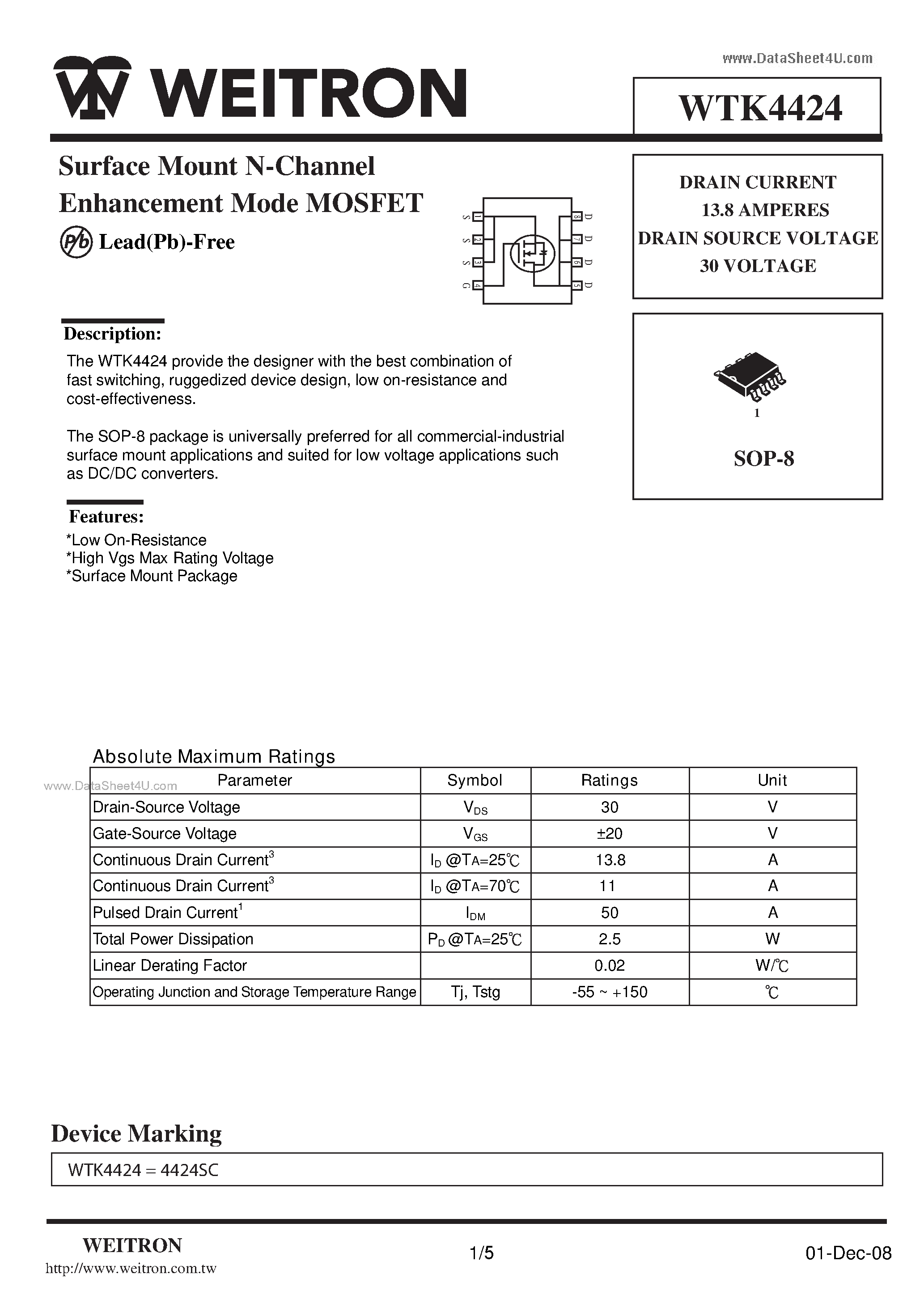 Datasheet WTK4424 page 1 Datasheet WTK4424 - Surface Mount N-Channel Enhancement Mode MOSFET page 1