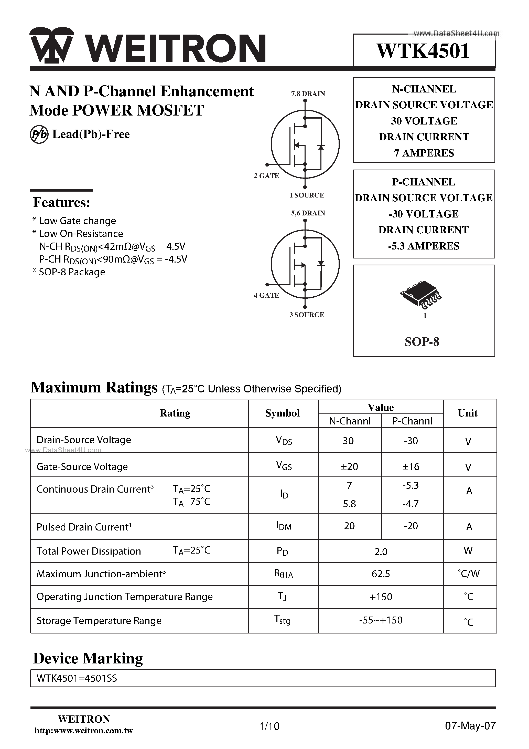 Даташит на микросхему WTK4501 страница 1 Даташит WTK4501 - N AND P-Channel Enhancement Mode POWER MOSFET страница 1