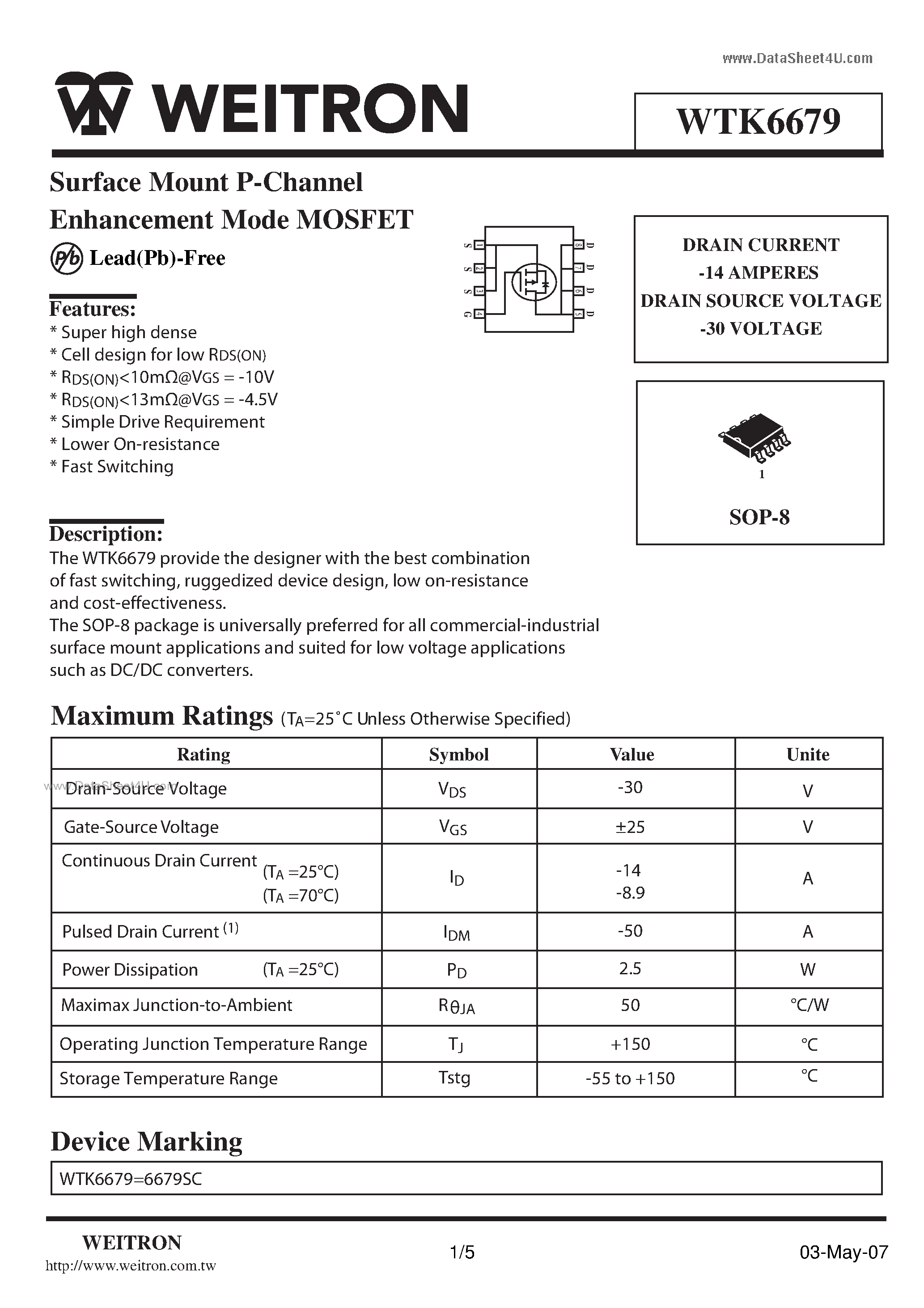 Datasheet WTK6679 page 1 Datasheet WTK6679 - Surface Mount P-Channel Enhancement Mode MOSFET page 1