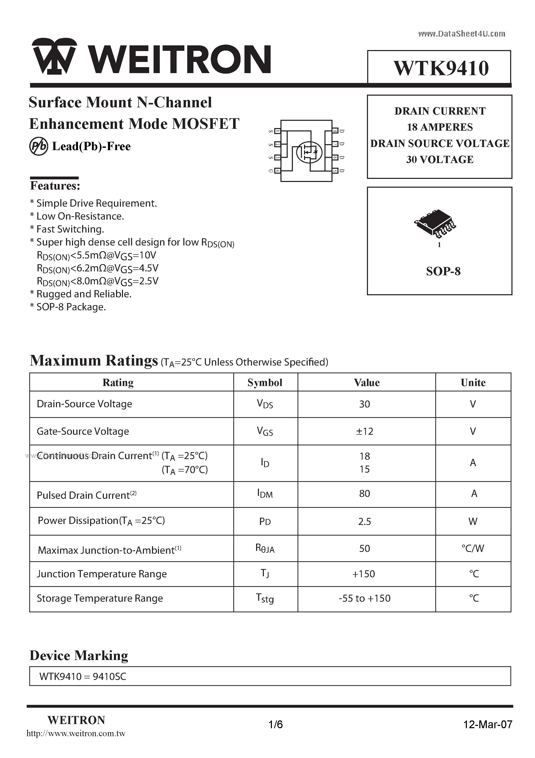 Datasheet WTK9410 page 1 Datasheet WTK9410 - Surface Mount N-Channel Enhancement Mode MOSFET page 1