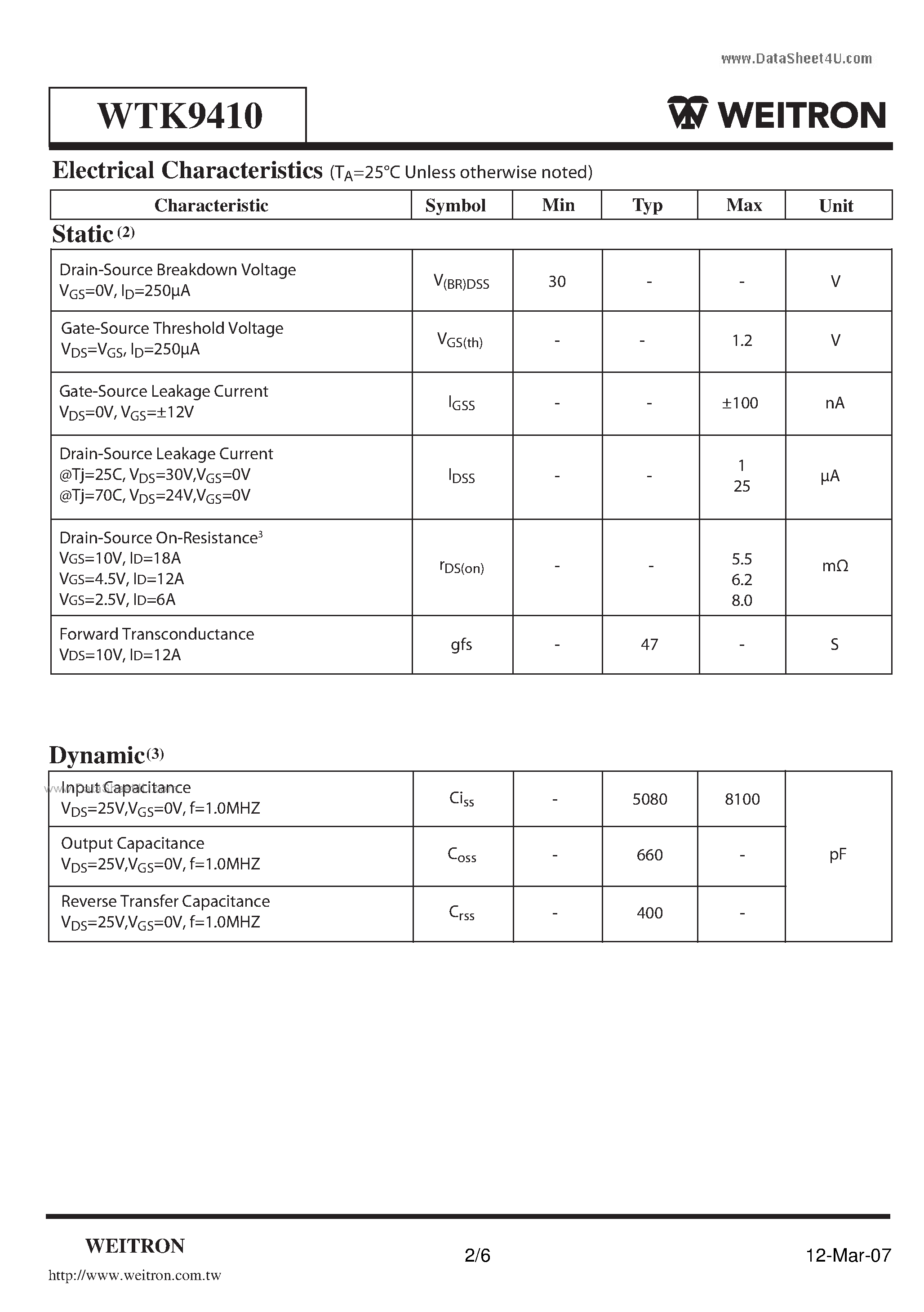 Datasheet WTK9410 page 2 Datasheet WTK9410 - Surface Mount N-Channel Enhancement Mode MOSFET page 2