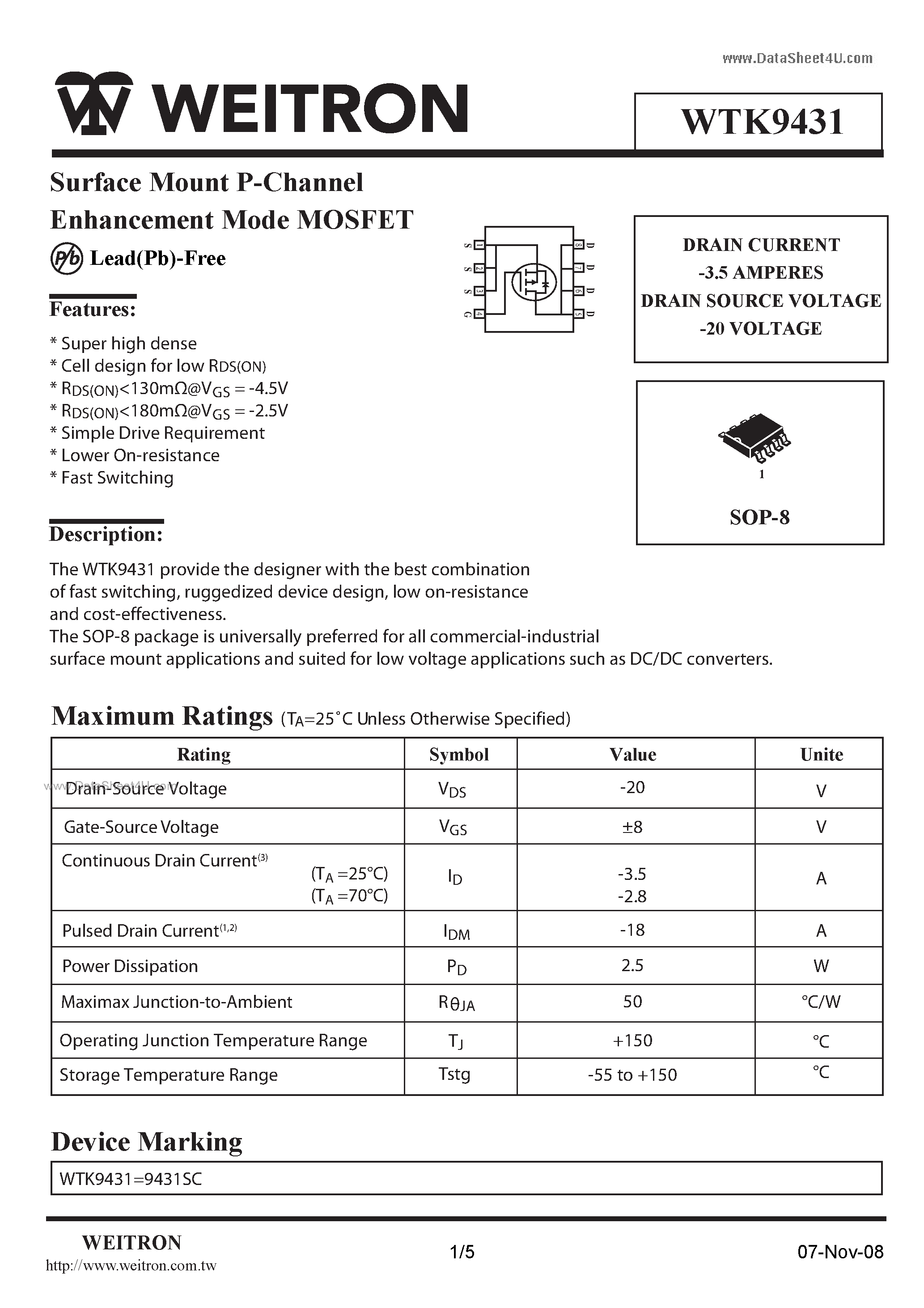 Даташит на микросхему WTK9431 страница 1 Даташит WTK9431 - Surface Mount P-Channel Enhancement Mode MOSFET страница 1
