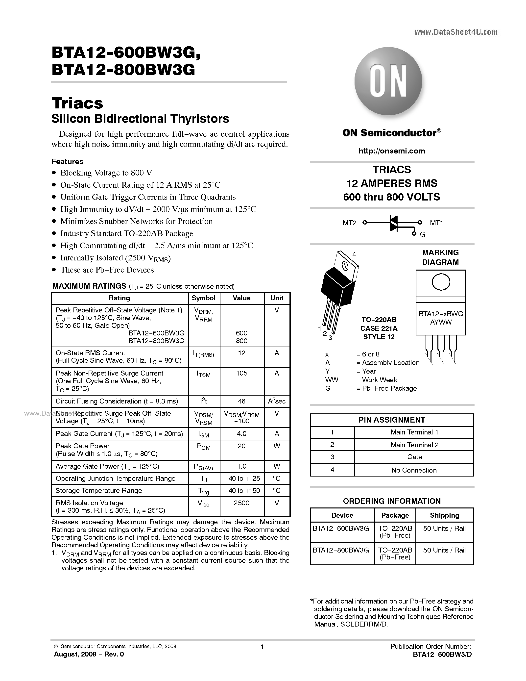 Даташит BTA12-600BW3G - Triacs Silicon Bidirectional Thyristors страница 1