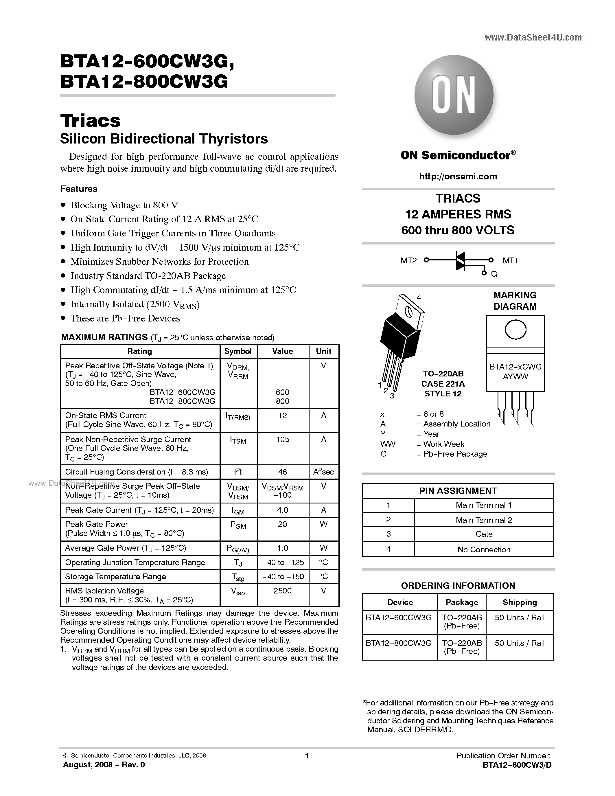 Даташит BTA12-600CW3G - Triacs Silicon Bidirectional Thyristors страница 1