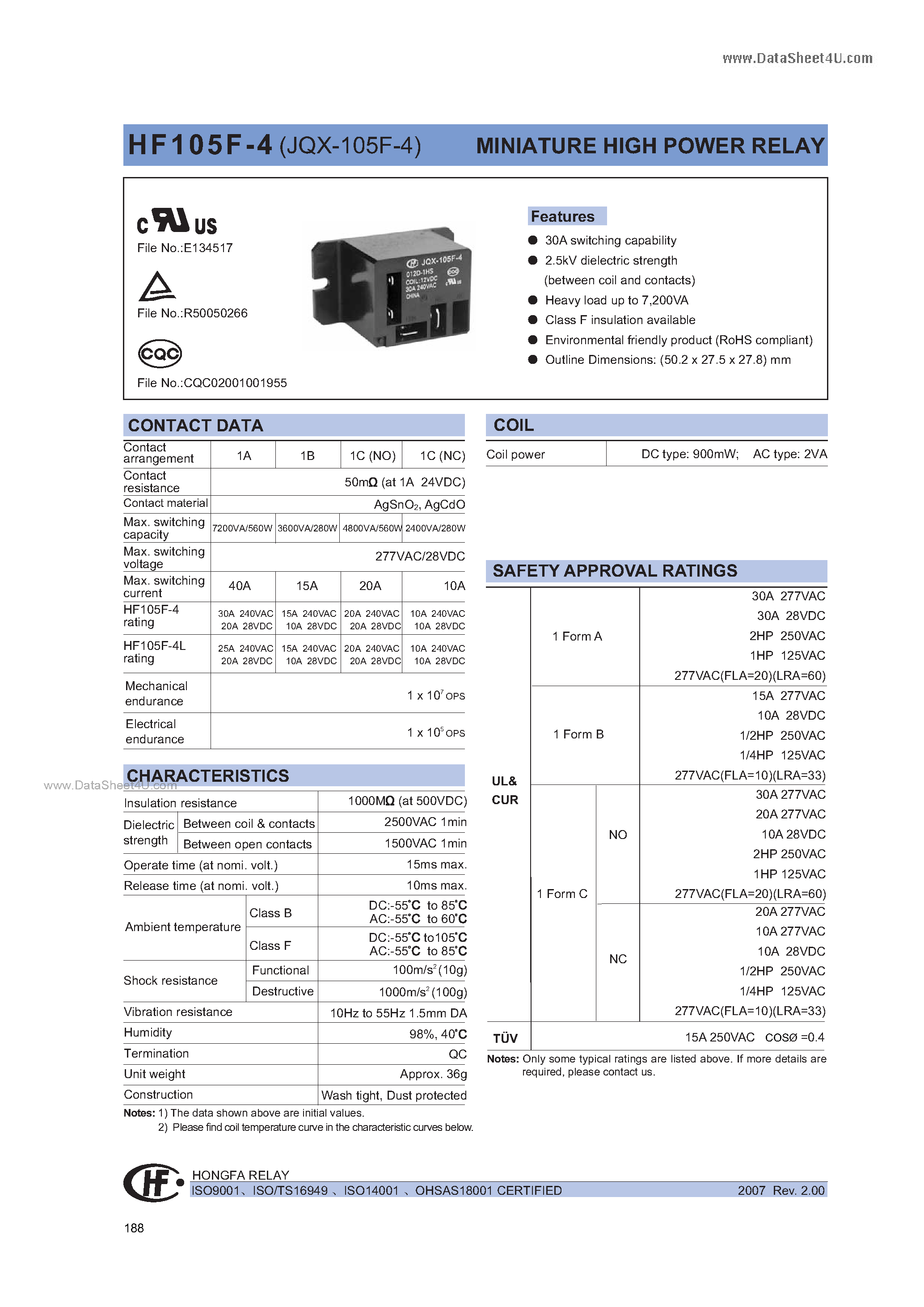 Datasheet HF105F-4 page 1 Datasheet HF105F-4 - MINIATURE HIGH POWER RELAY page 1