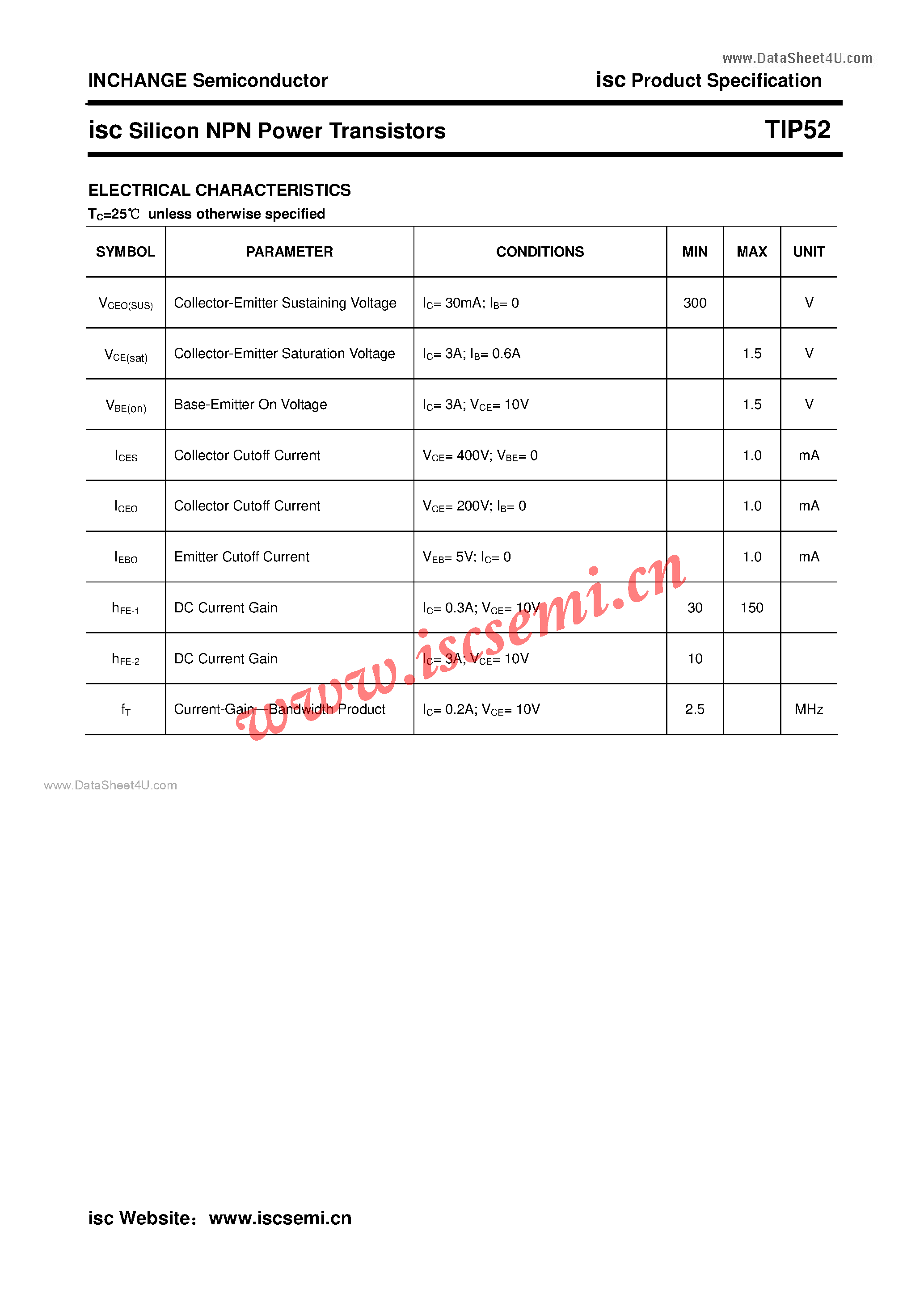 Datasheet TIP52 - Silicon NPN Power Transistors page 2
