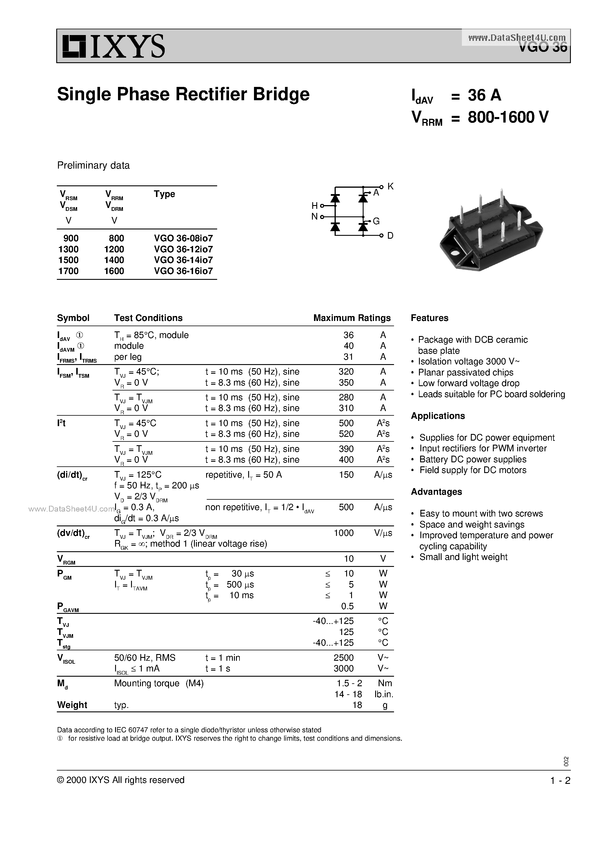 Datasheet VGO36 - Single Phase Rectifier Bridge page 1
