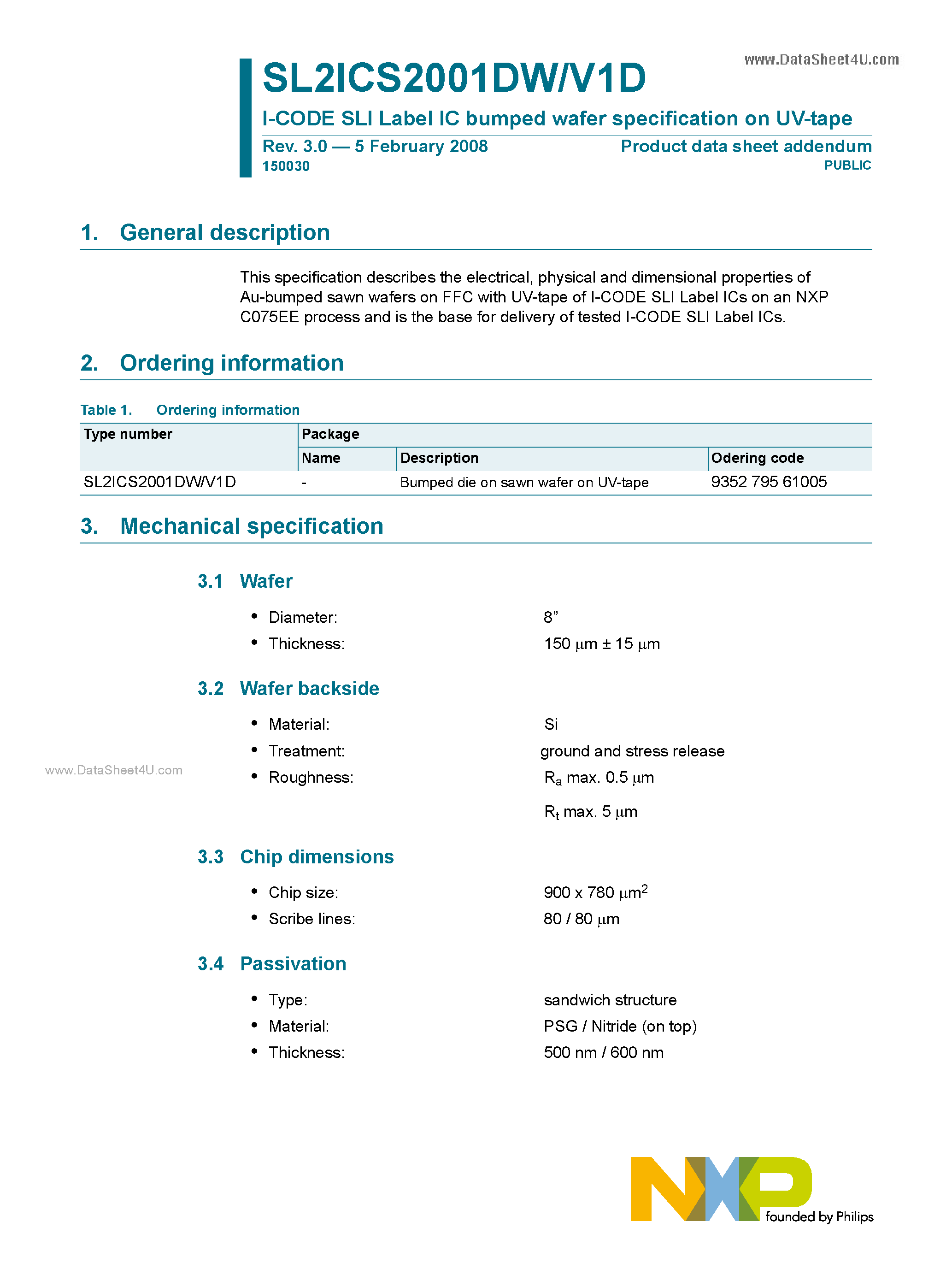 Datasheet SL2ICS2001DW - I-CODE SLI Label IC bumped wafer specification on UV-tape page 1