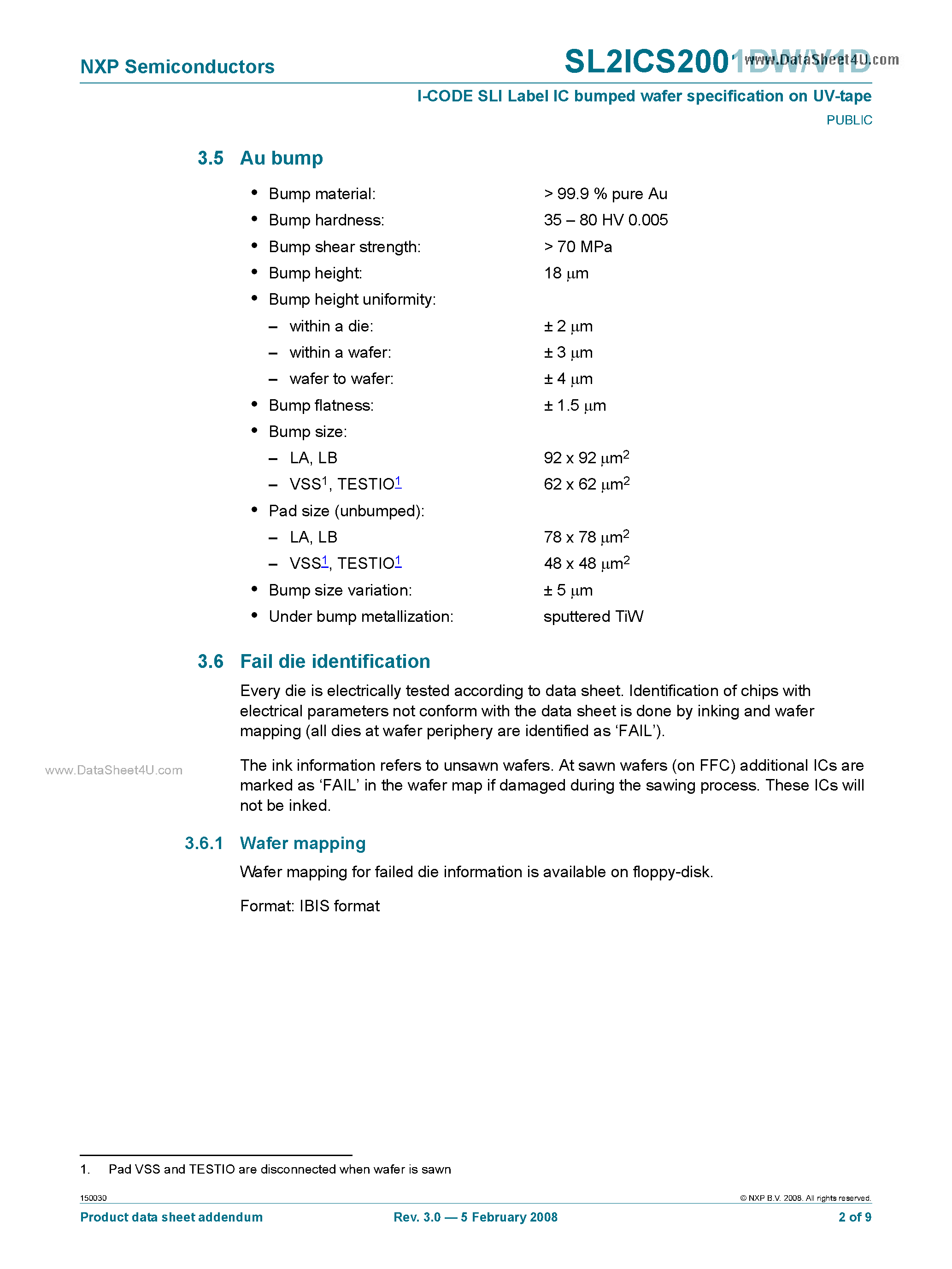 Datasheet SL2ICS2001DW - I-CODE SLI Label IC bumped wafer specification on UV-tape page 2