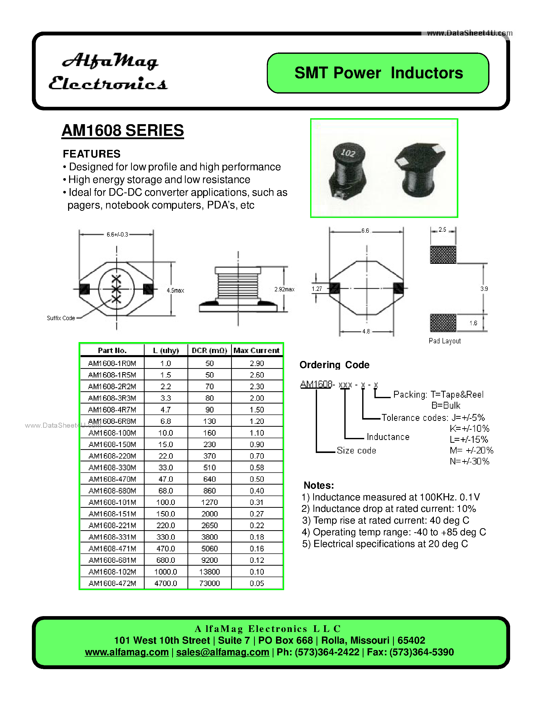 Datasheet AM1608 - SMT Power Inductors page 1