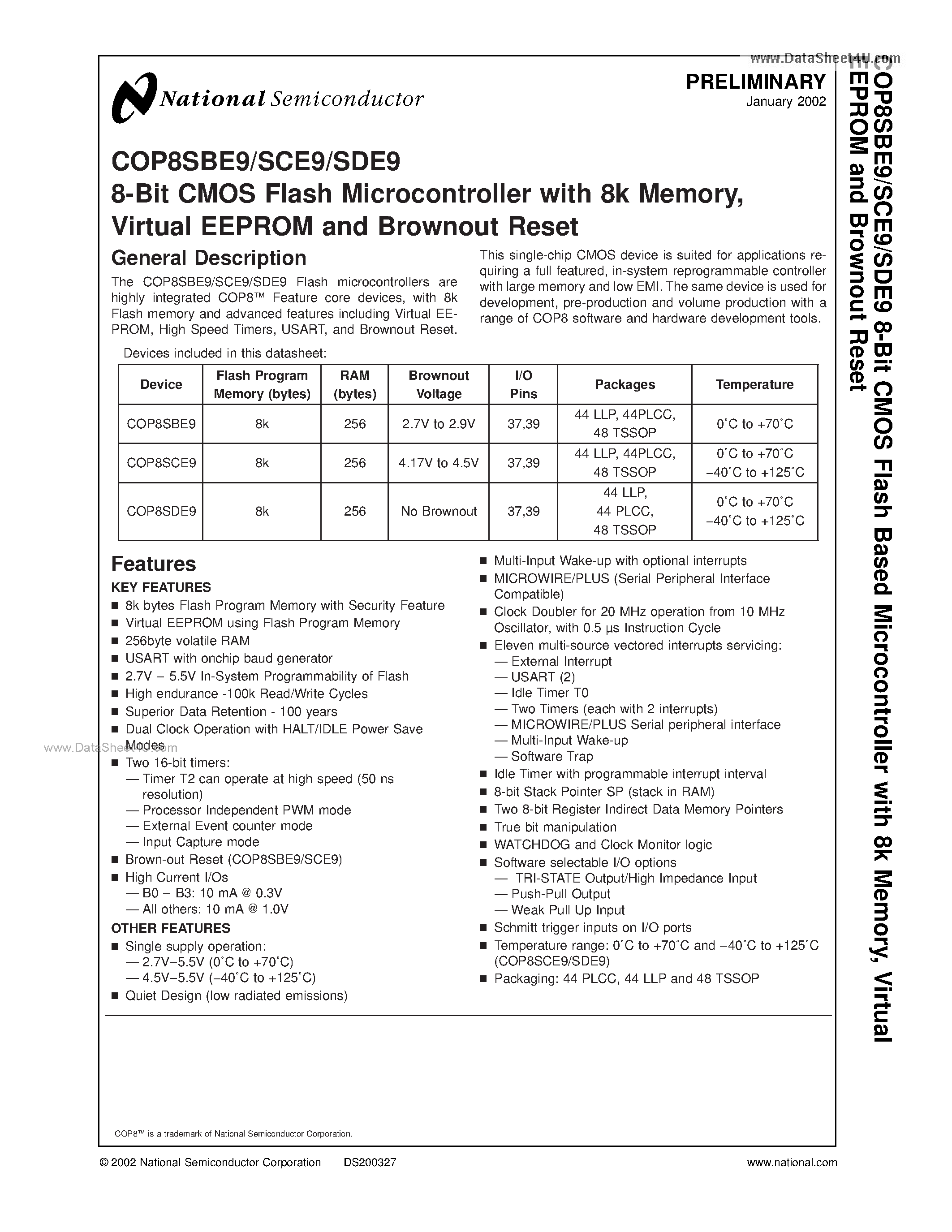 Даташит на микросхему COP8SBE9 страница 1 Даташит COP8SBE9 - (COP8SxE9) 8-Bit CMOS Flash Microcontroller страница 1