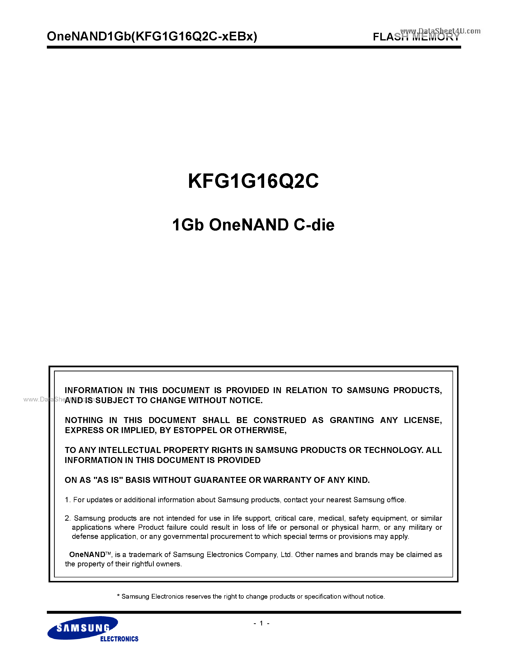 Datasheet KFG1G16Q2C page 1 Datasheet KFG1G16Q2C - 1Gb OneNAND C-die page 1